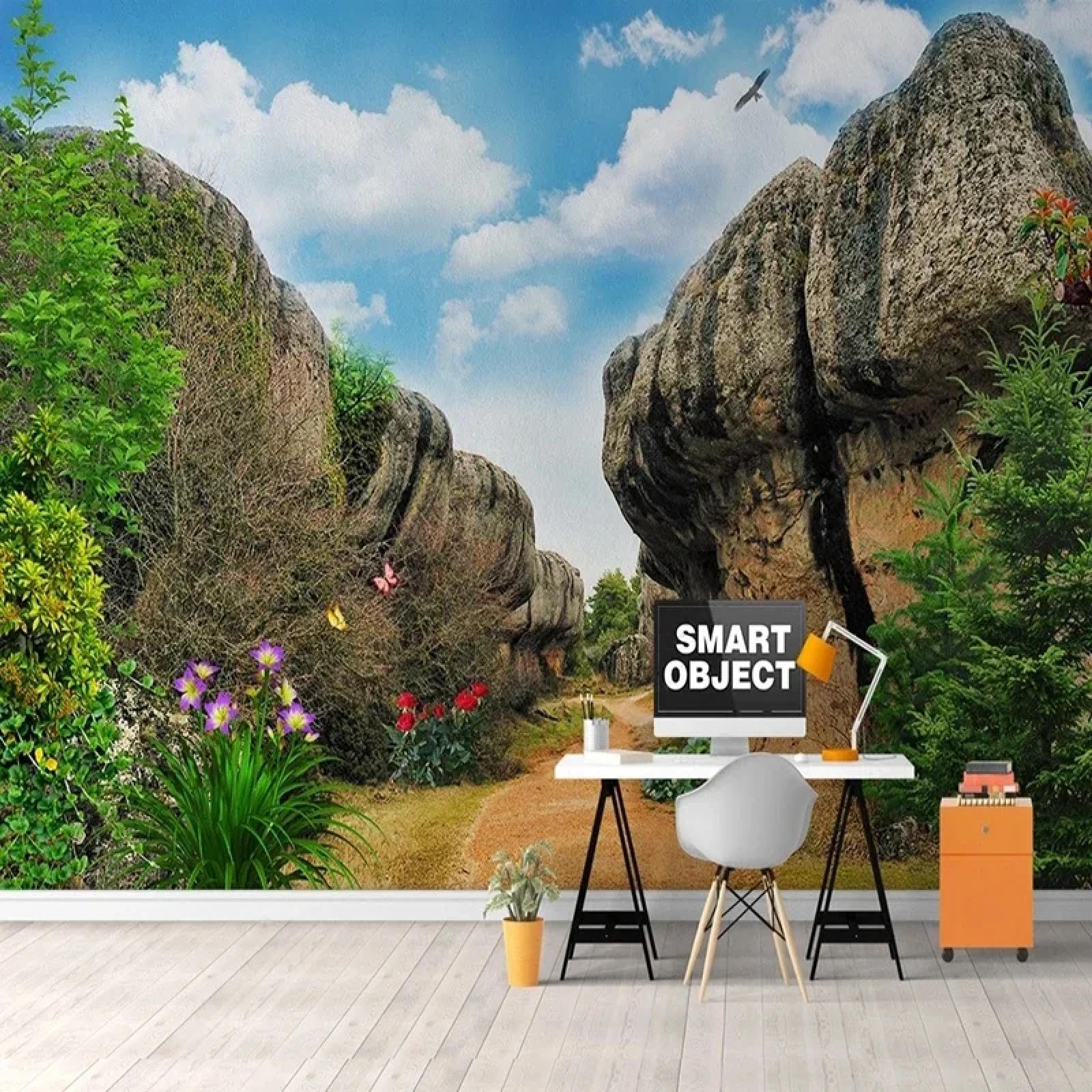 Paesaggio naturale 3D con piante, alberi, sentieri, cielo blu e nuvole bianche, murale per soggiorno, TV e divano (PVC autoadesivo)