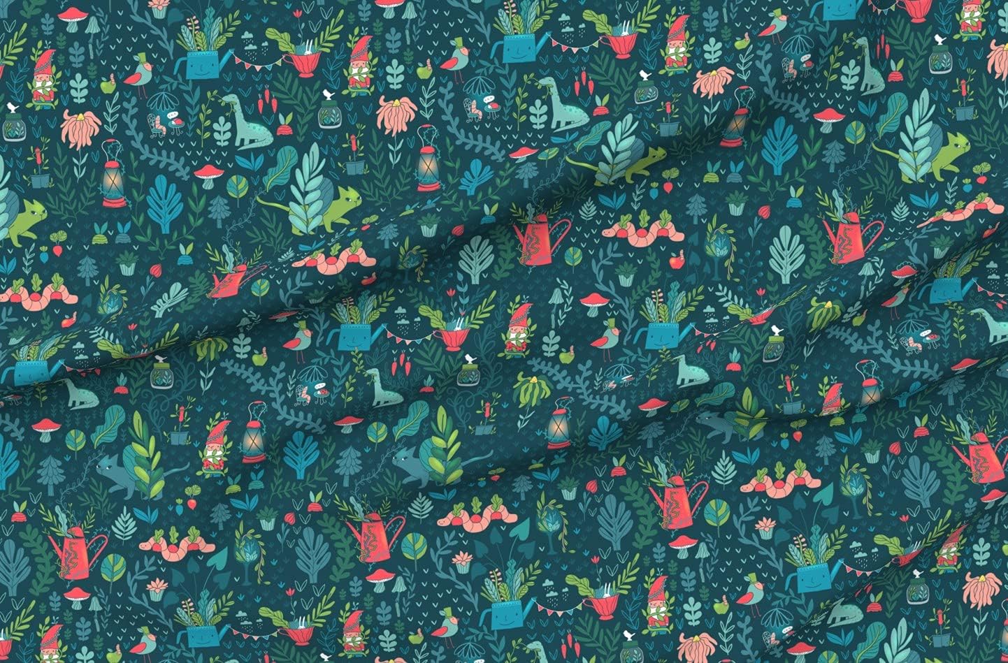 Spoonflower Fabric - Garden Out Funny Gnomes Cats Mushrooms Gardening Plants Gnome Printed on Organic Cotton Sateen Fabric by The Yard - Sewing Quilting Apparel Home Decor
