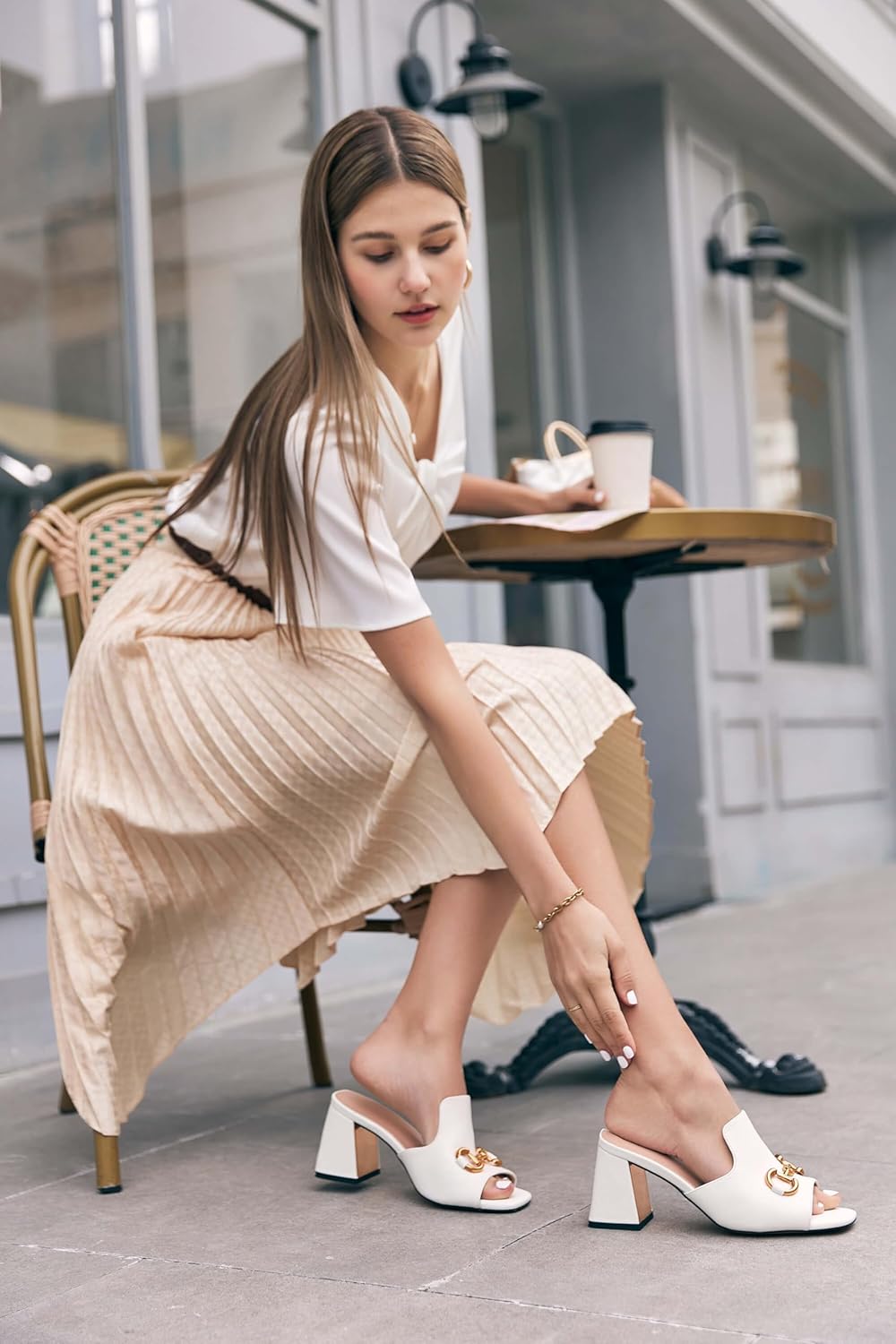 gihubafuil Women's Sandals Chunky Heel Peep Toe Slides Single Band Comfort Mules Slip-on with Metal Chain for Summer - Image 3