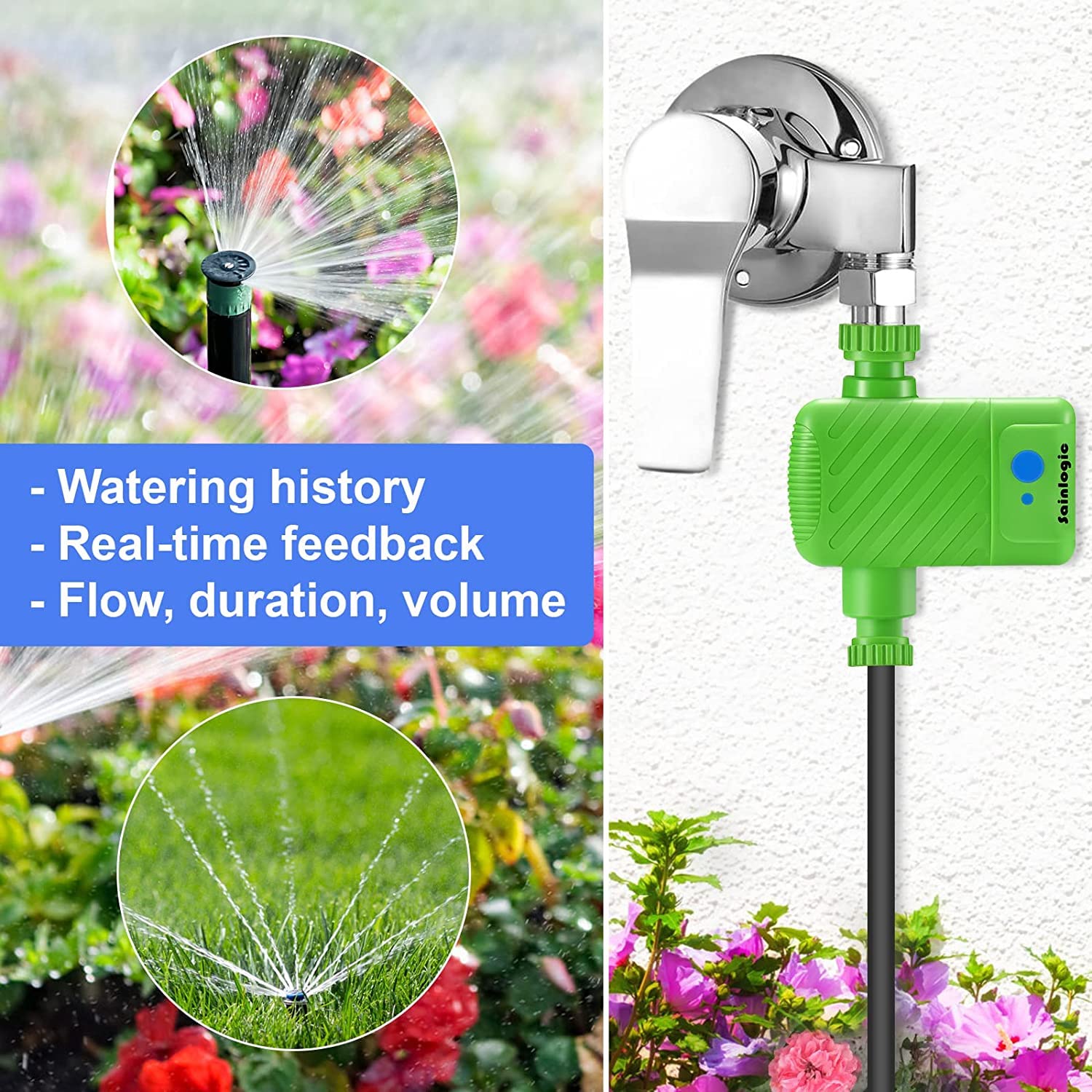 Sainlogic Programador Riego Automatico WiFi, Temporizador Riego con Smart Hub WiFi 2.4 GHz, Control Remoto App, El Acoplamiento de Grifo de Agua ½"¾"1" Son Aplicables, Jardín, Césped (Verde Claro)