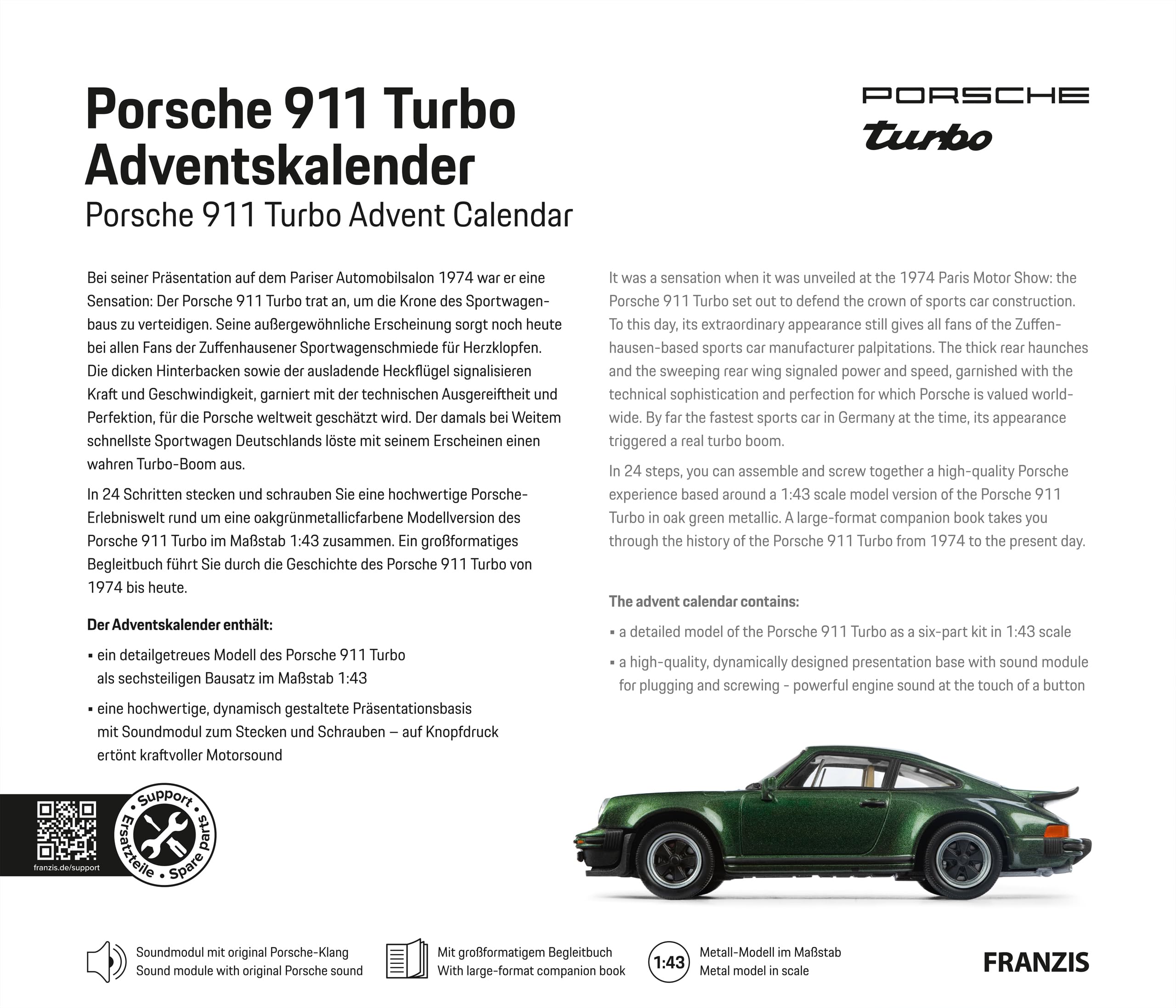 FRANZIS 67233 - Calendario dell'Avvento Porsche 911 Turbo, modello in scala 1:43, con modulo audio e libro di accompagnamento a 52 pagine