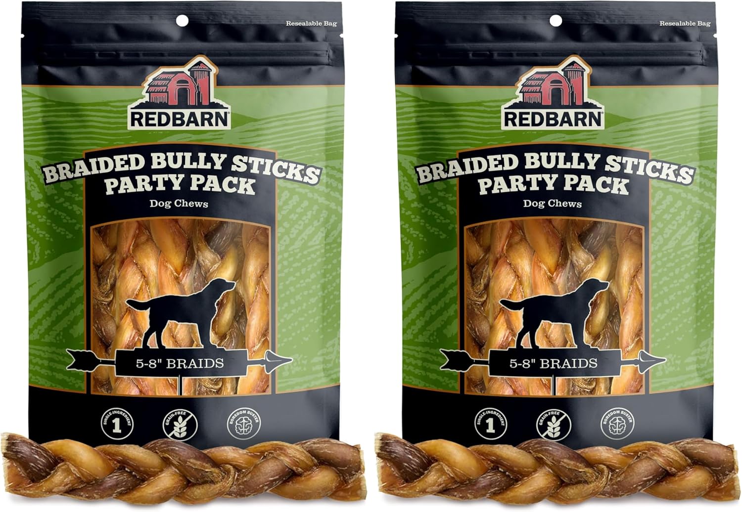 Redbarn Pet Products All Natural 5"-8" Braided Bully Sticks for Small & Large Dogs - Healthy Long Lasting Beef Chews Variety Party Pack - Single Ingredient Low Odor Rawhide Free - 8 oz Bag (Pack of 2)