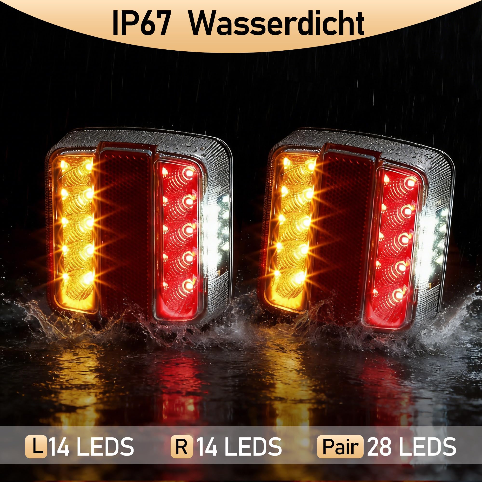 Quadrato Fanali Posteriore Rimorchio LED Omologati E-Mark 12V/24V Impermeabili IP67, 5-in-1 Rosso(Luce di Frecce/Posizione/Targa/Freno/Riflettore) Fissaggio con Perno Per Rimorchio Furgoni