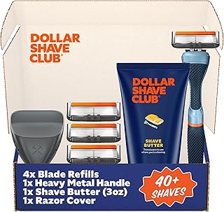 Dollar Shave Club | The Member Exclusive Shave Set | 4 Extra Close Refill Cartridges, 1 Handle (Blue), 1 Shave Butter 3 ounce, 1 Razor Cover, Razors for Men