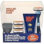 Dollar Shave Club | The Member Exclusive Shave Set | 4 Extra Close Refill Cartridges, 1 Handle (Blue), 1 Shave Butter 3 ounce, 1 Razor Cover, Razors for Men
