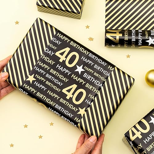 Miniatura 3 de RUSPEPA Rollo de papel de regalo reversible, mini rollo, patrón negro y dorado para cumpleaños de 40 años, ideal para cumpleaños, fiestas, baby