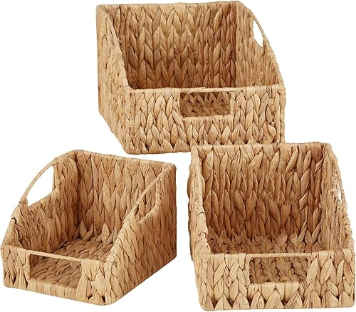 Vagusicc Cestas de almacenamiento de mimbre para organizar, paquete de 3 cestas de mimbre tejidas a mano con asas integradas, cestas de