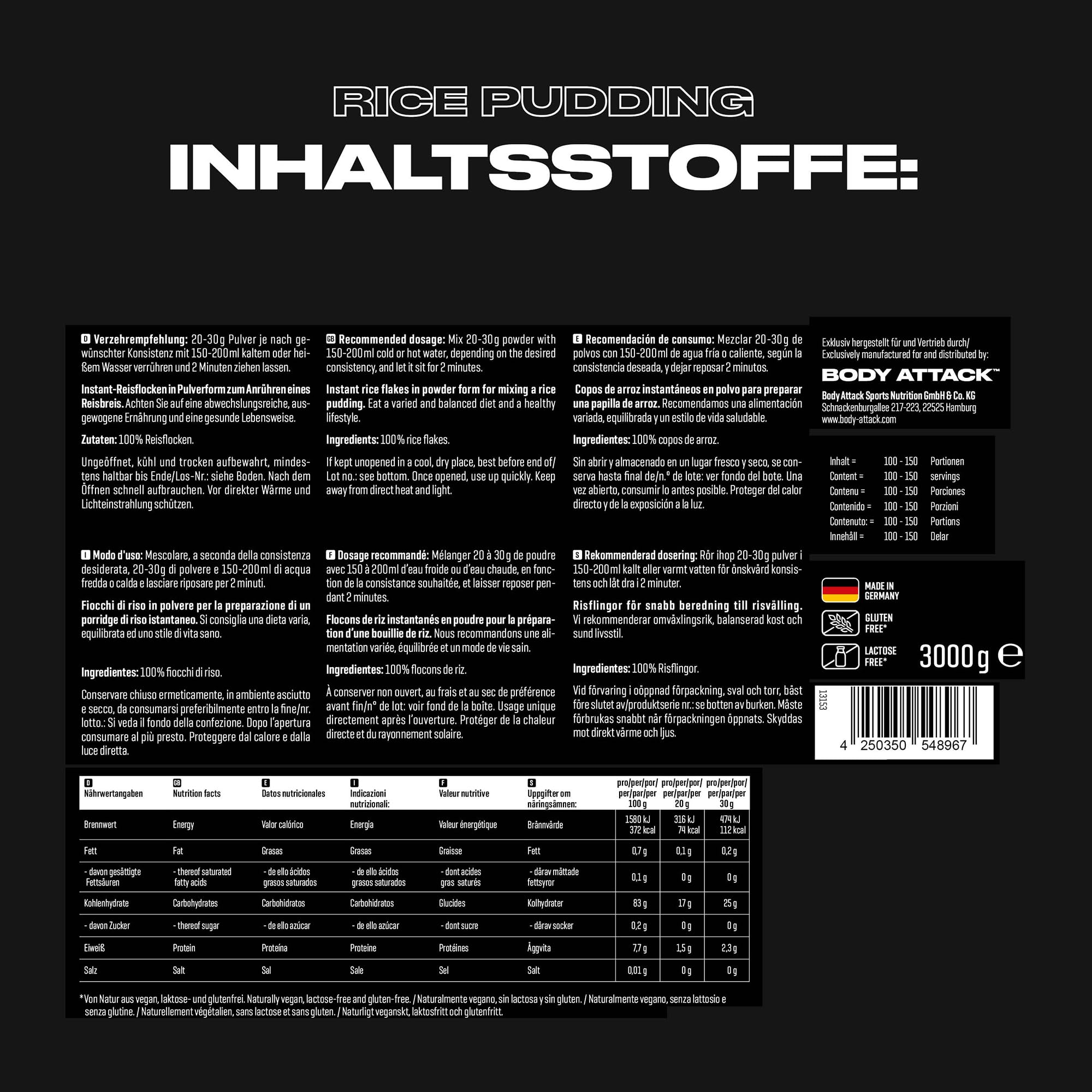Body Attack Instant Rice Pudding Neutral, 3 kg - Veganer Reispudding für Frühstück & Pre-Workout Snack - Hochwertige Energiequelle dank komplexer Kohlenhydrate - leicht verdaulich