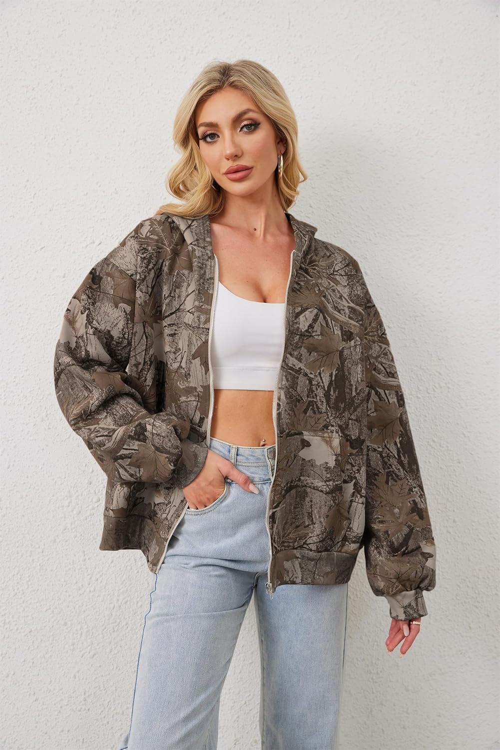 Camo Zip Up Hoodie for Women Men Oversized Maple Leaf Print Fleece Jacket Camouflage Long Sleeve Hooded Sweatshirt - Image 3