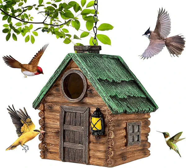 GLOPHOK Bird House for Outside, Resin Bluebird House for Outdoors Finches, Cardinals and Yellow Finches Wild Bird Nesting, 5 Years Weatherable Decorative Stone Hanging Birdhouse for Yard Garden Decor
