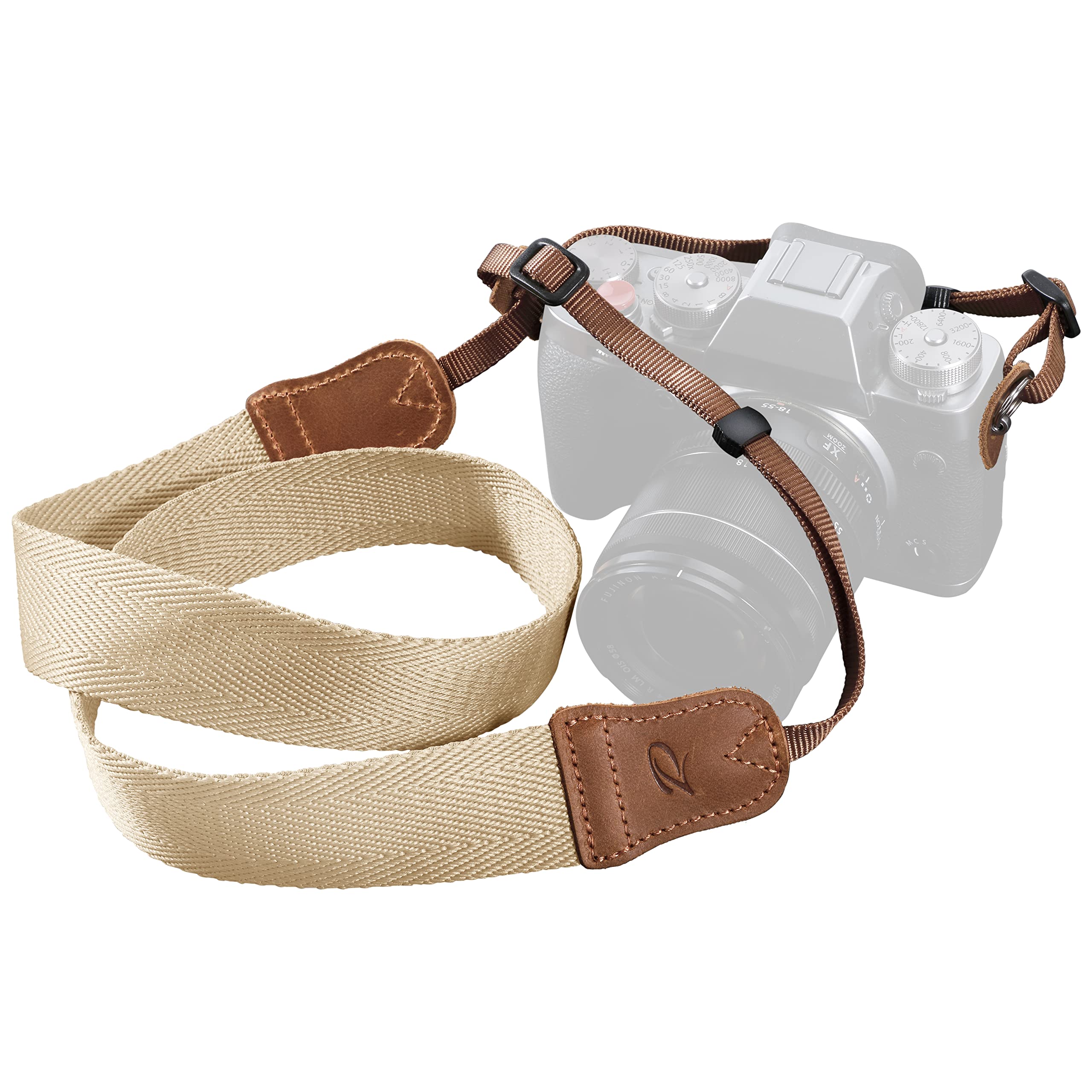 Padwa Lifestyle Camera Strap - Double Layer Crazy Horse Cowhide Ends,1.5"Wide Pure Cotton Woven Camera Strap,Adjustable Neck Shoulder Strap for All DSLR Cameras,Great Gift for Photographers-Off White