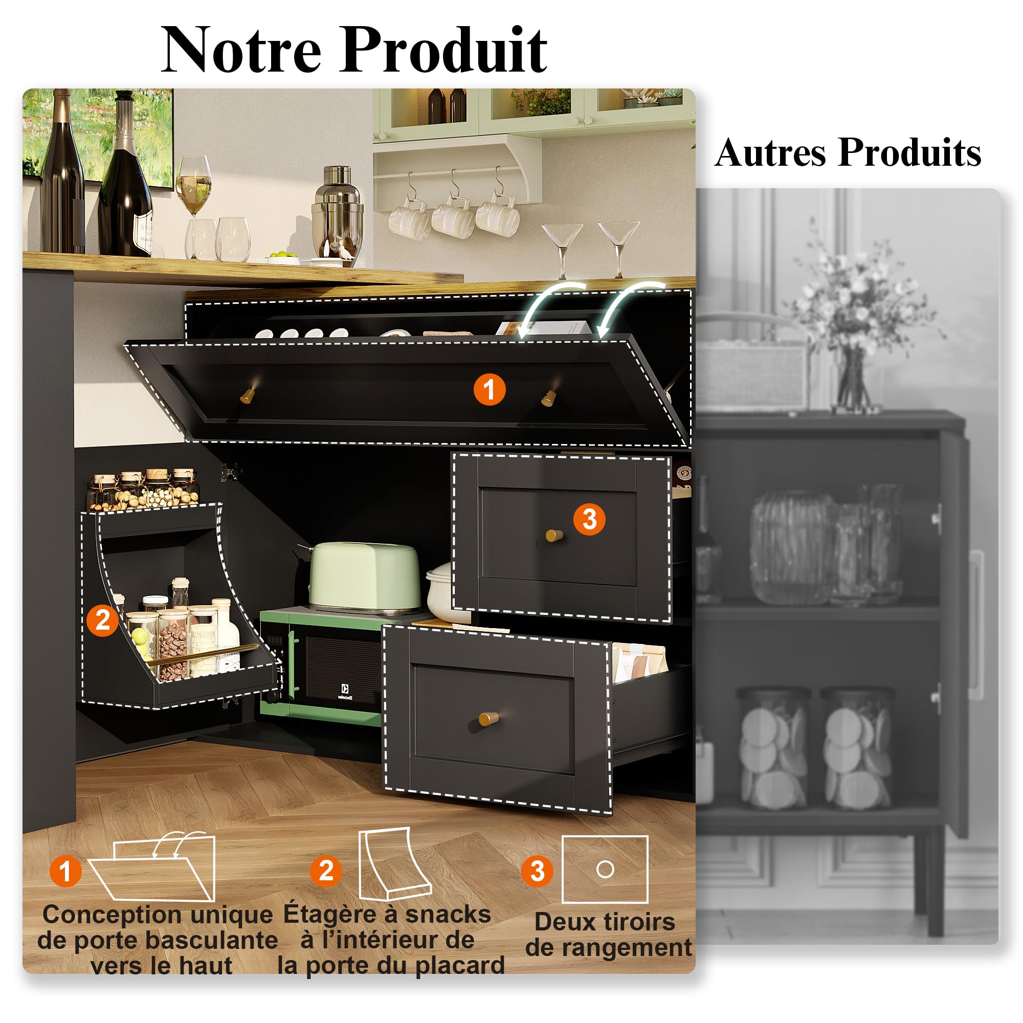 Dolamaní Ausziehbarer Bartisch mit Stauraum 138(204)×39×105 cm, Kücheninsel mit Snackregal, Teleskopischer Bartisch mit mit 360-Klappbarer Arbeitsplatte (Schwarz)