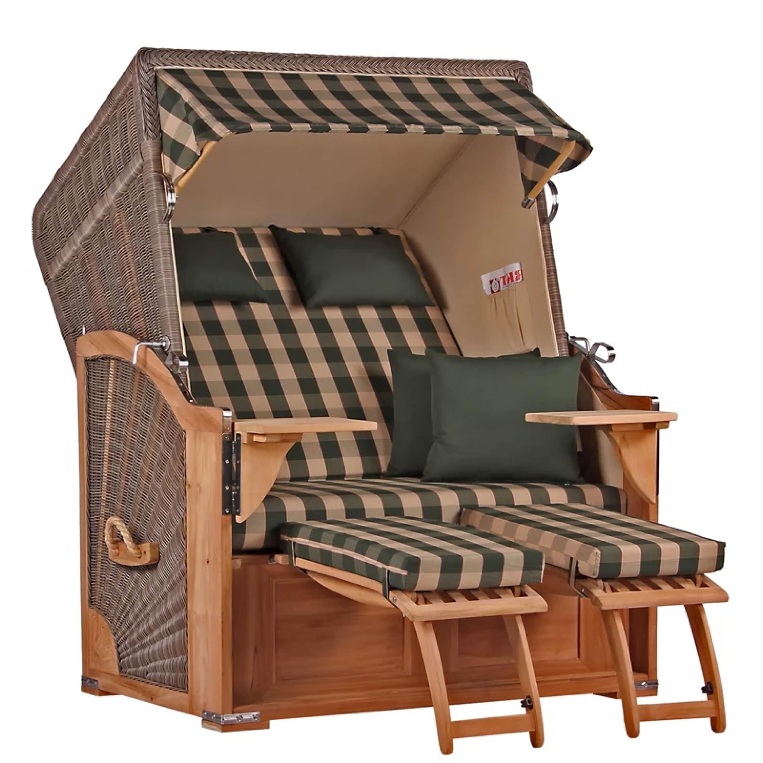 MR. DEKO® Strandkorb Seeblick 2-Sitzer Teakholz | PE Geflecht Grey | Volllieger verstellbar mit Fußablage | inkl. 4 Kissen + Wechselpolster | Strandkörbe Teak fertig montiert Strandstuhl (Dessin 506)