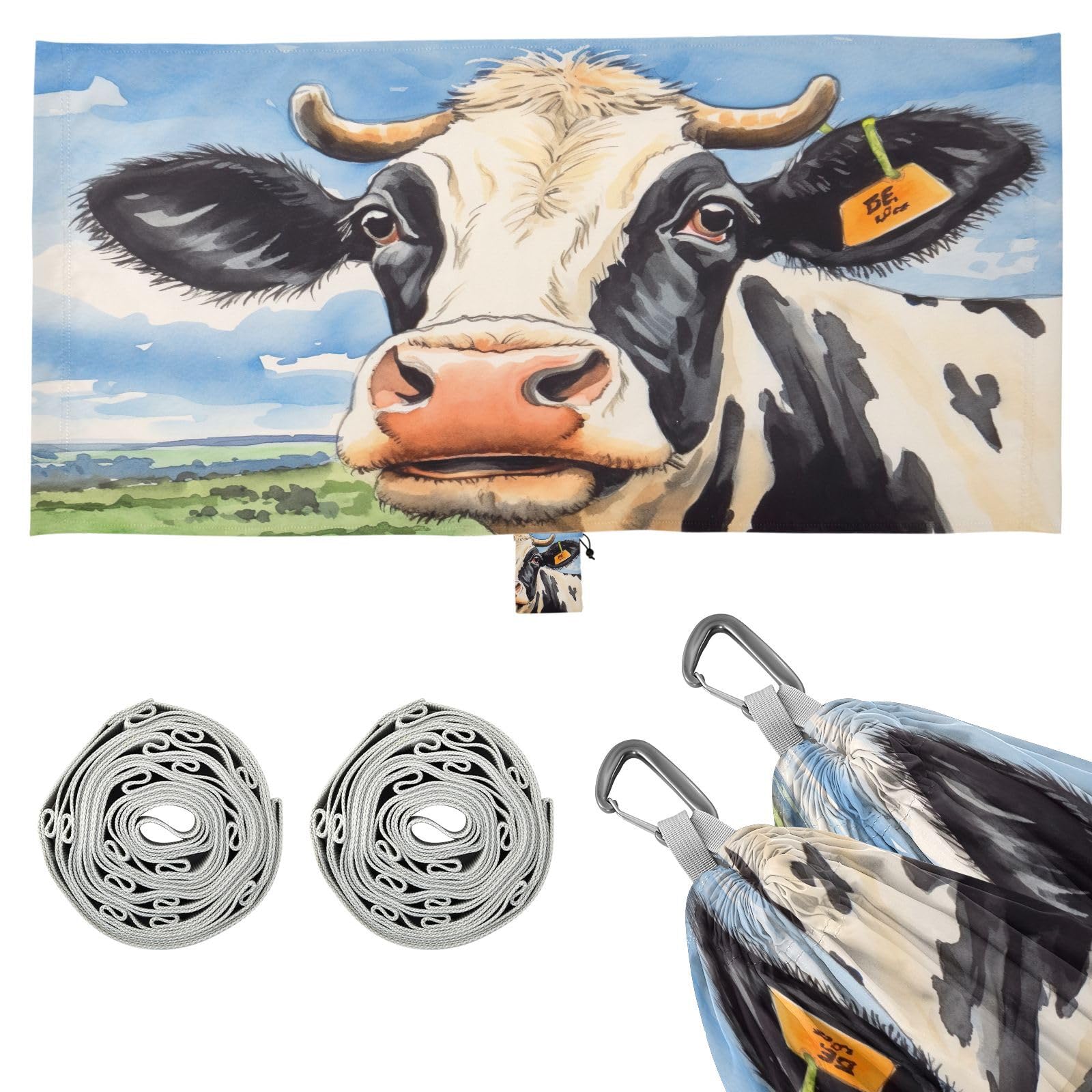 SDMKA Watercolor Cow Portrait Camping Hammock, 330 lbs with 2 Tree Straps, Carry Bag, Single Portable Hammock for Outdoor/Indoor, Hiking, Beach, Backpacking, Travel