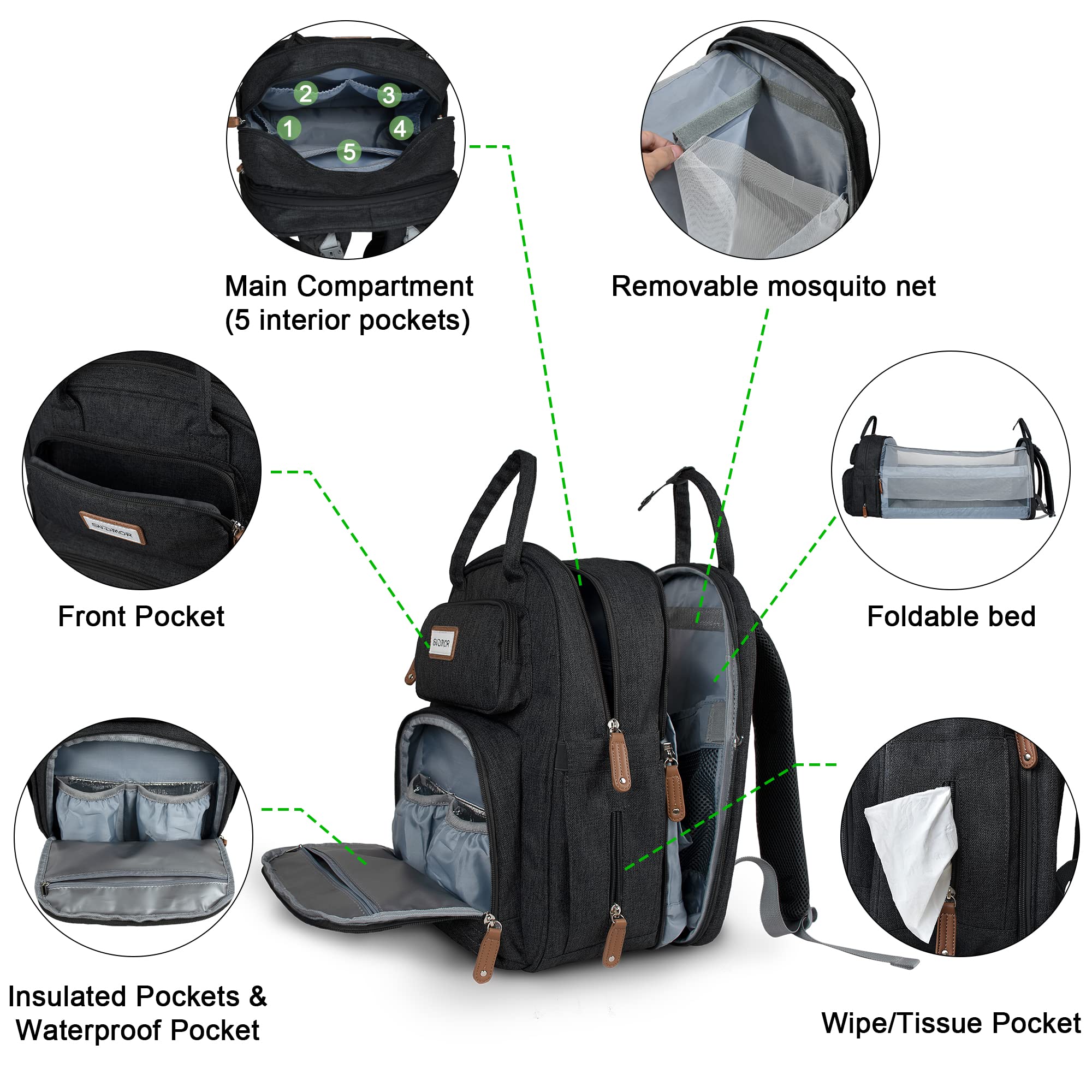 SNDMOR Zaino per fasciatoio, Borsa per fasciatoio con fasciatoio, Borsa per bebè unisex grande con fasciatoio, Grande capacità, Impermeabile alla moda (Nero)