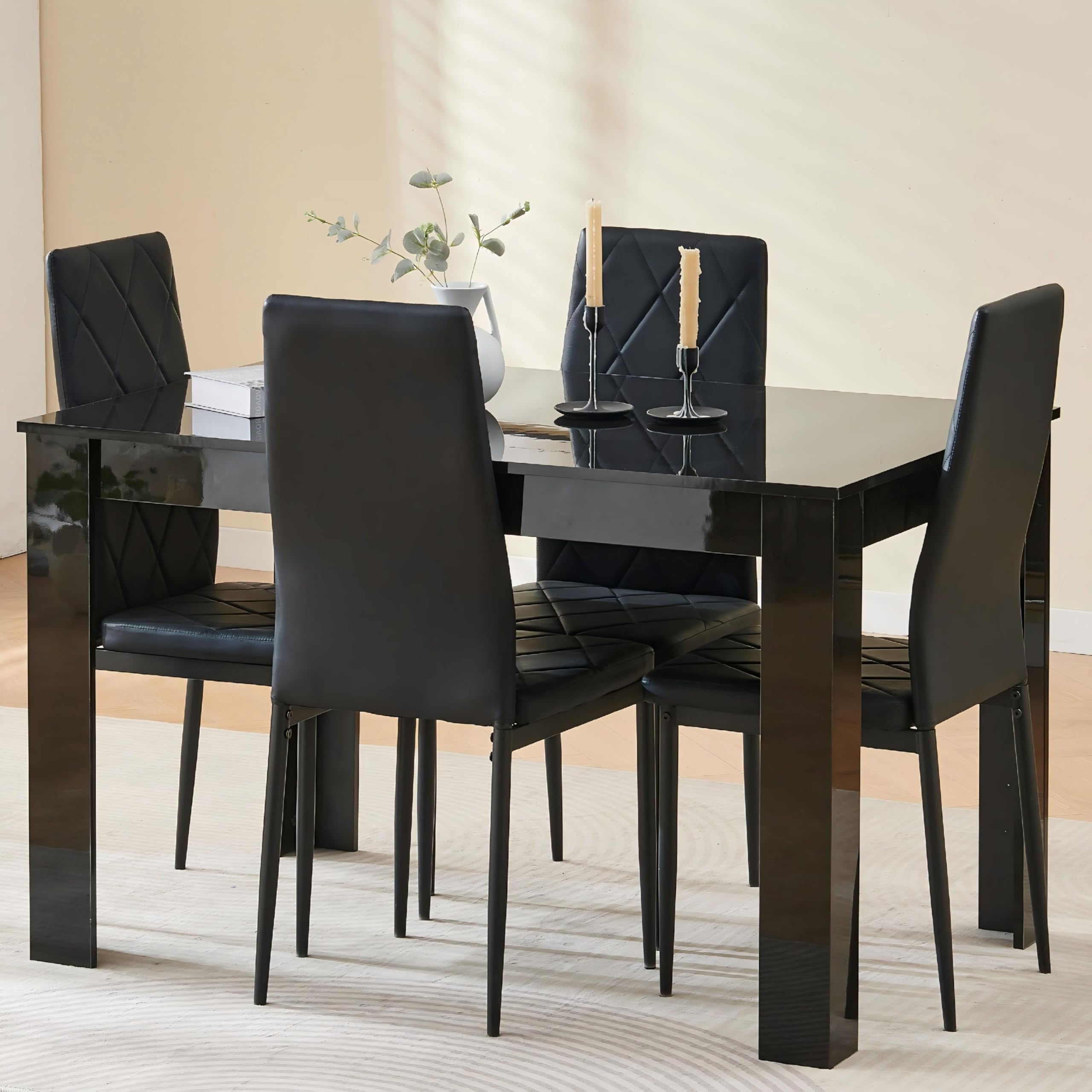 Homullel 120cm Glossing Dining Table and 4 Chairs, 4 Seater Kitchen Table and Chairs Set for Space Saving, Compact Dining Room Set for 4, 120x80 cm, Wooden, Walnut Black (4 Seaters, PU Black #2) โ image 1