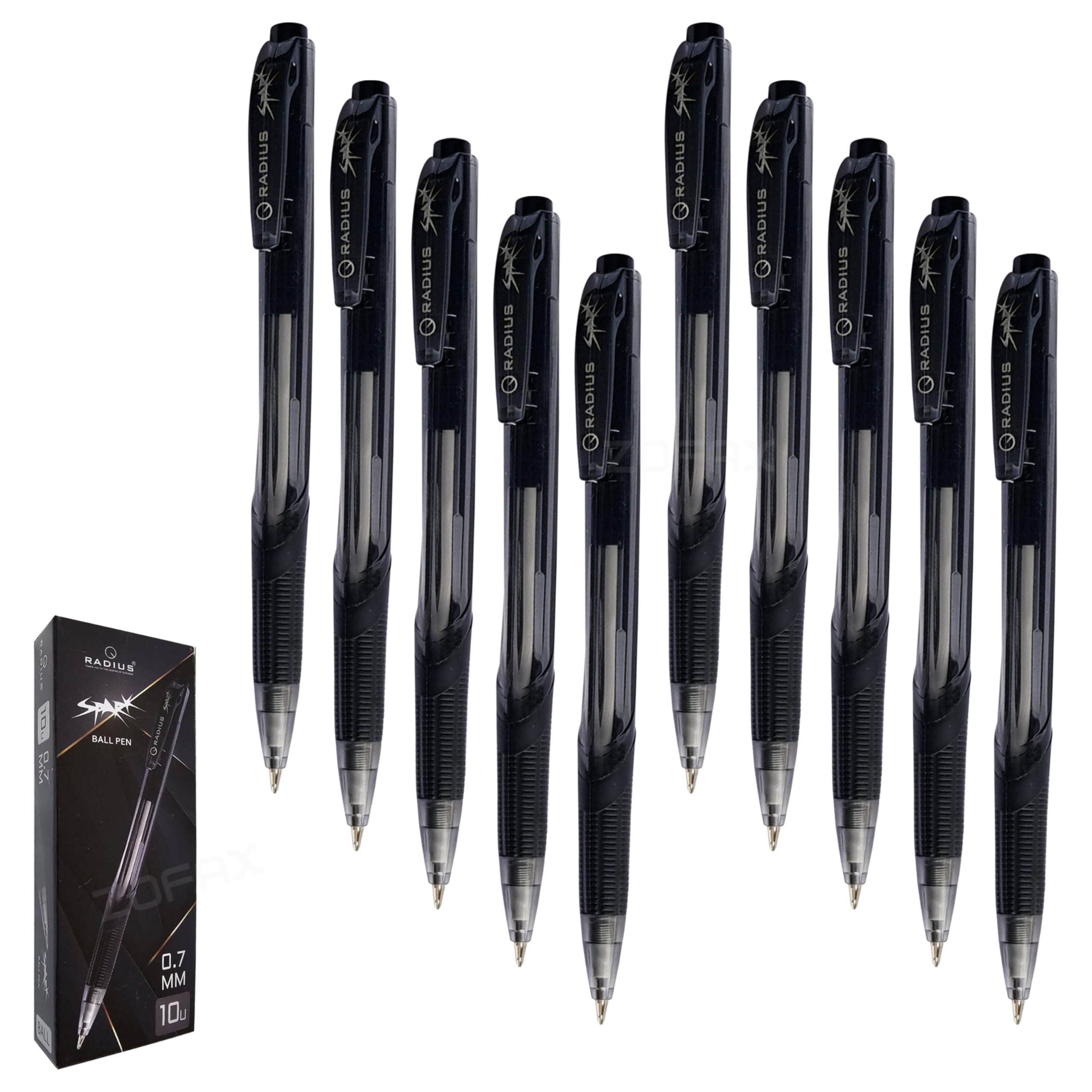 RADIUS Spark Retractable Ballpoint Pens, BLACK, Fine Point (0.7mm), Pack of 50, Smooth Fine Ball Pens, School Office Home Hospital Doctor Nurse Use