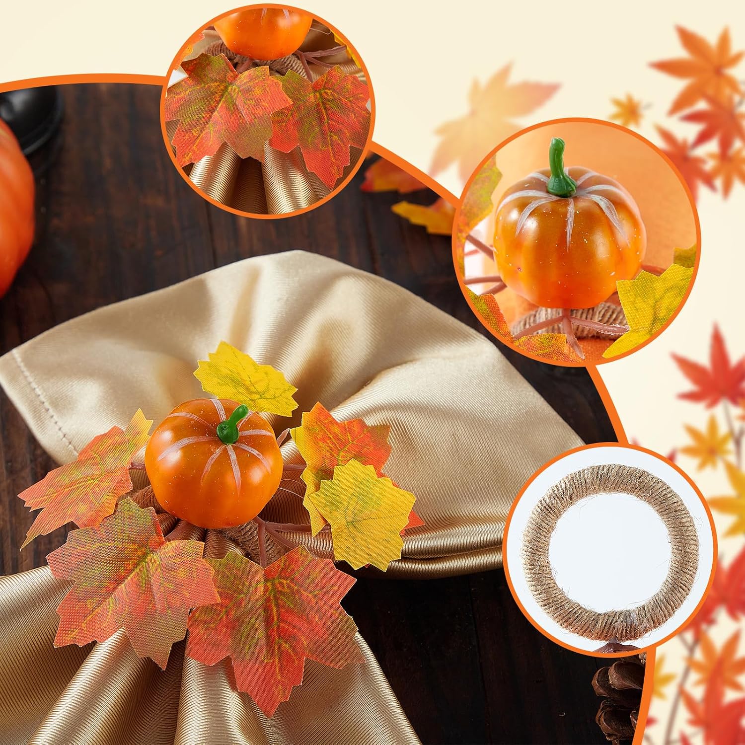 Fall Thanksgiving Pumpkin Napkin Rings Set of 6, Thanksgiving Table Decor