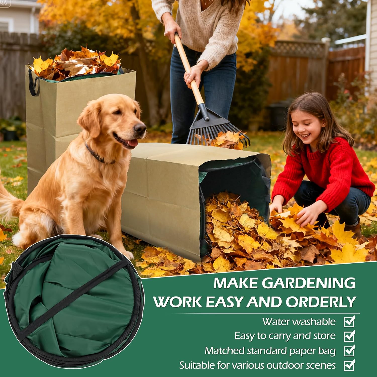 2Pack Reusable Pop-Up Leaf Bag Funnel and Yard Waste Bag Holder for 30 Gallon Paper Lawn Bags, Multi-Use Dustpan and Foldable Design for Effortless Leaf Collection