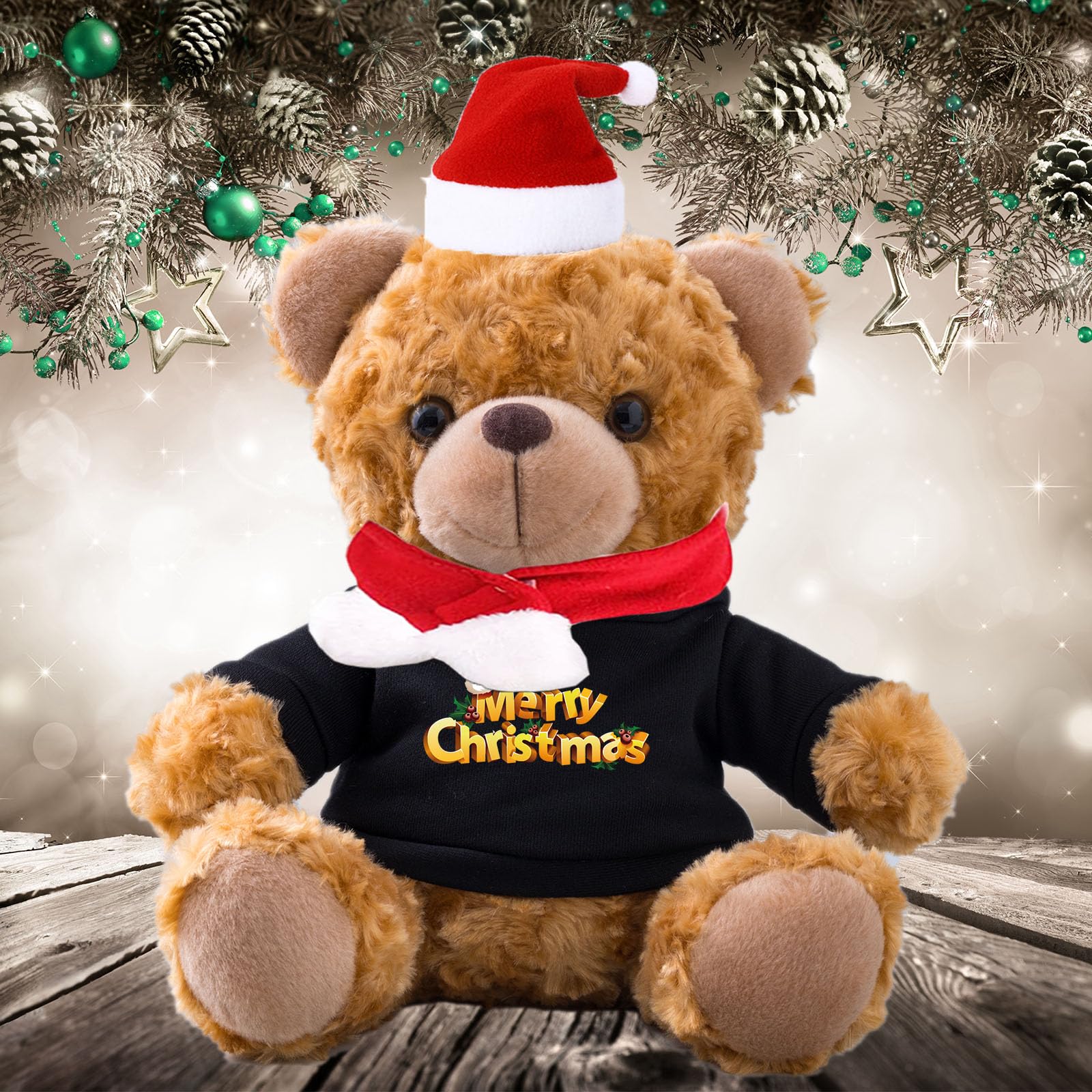 Oso De Peluche Navideño De 30 Cm – Peluche Marrón Con Sombrero De Santa Y Bufanda A Rayas, Decoración Y Regalo Para Niños