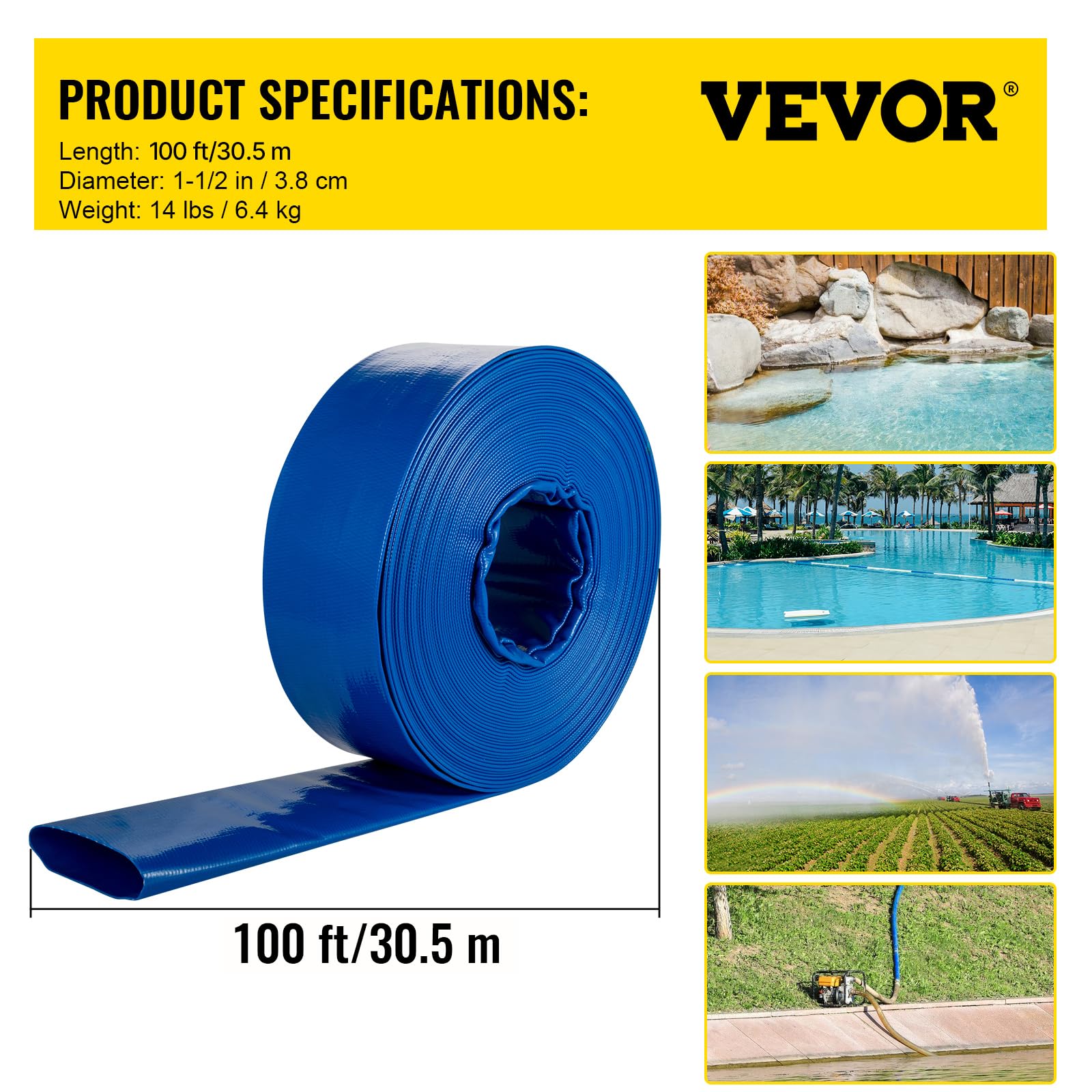 VEVOR Tuyau de décharge 38 mm x 30,5 m tuyau plat tissu PVC, tuyau de vidange robuste avec colliers de serrage, résistant aux intempéries et à l'éclatement pour la piscine et le transfert d'eau, bleu