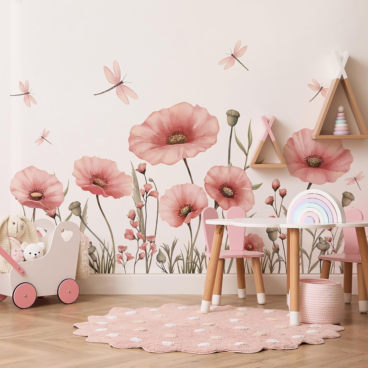 Pink Poppy Wall Decals, Large Floral Nursery Stickers with Dragonflies, Removable Peel and Stick Wall Art Decals for Living Room TV Wall (Pink)