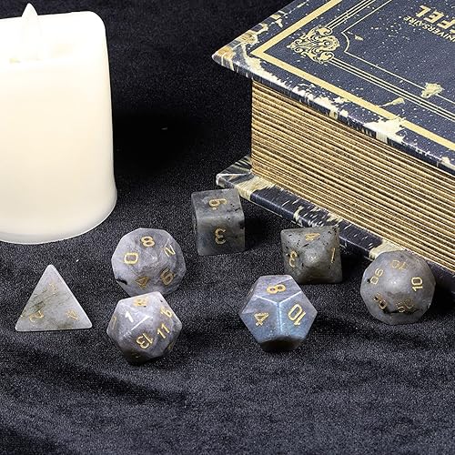 Vista 26 de SUNYIK Juego de 7 dados poliédricos DND de piedra de cristal pulido para juegos de mesa RPG MTG, dados de juego DND, mazmorras poliédricas