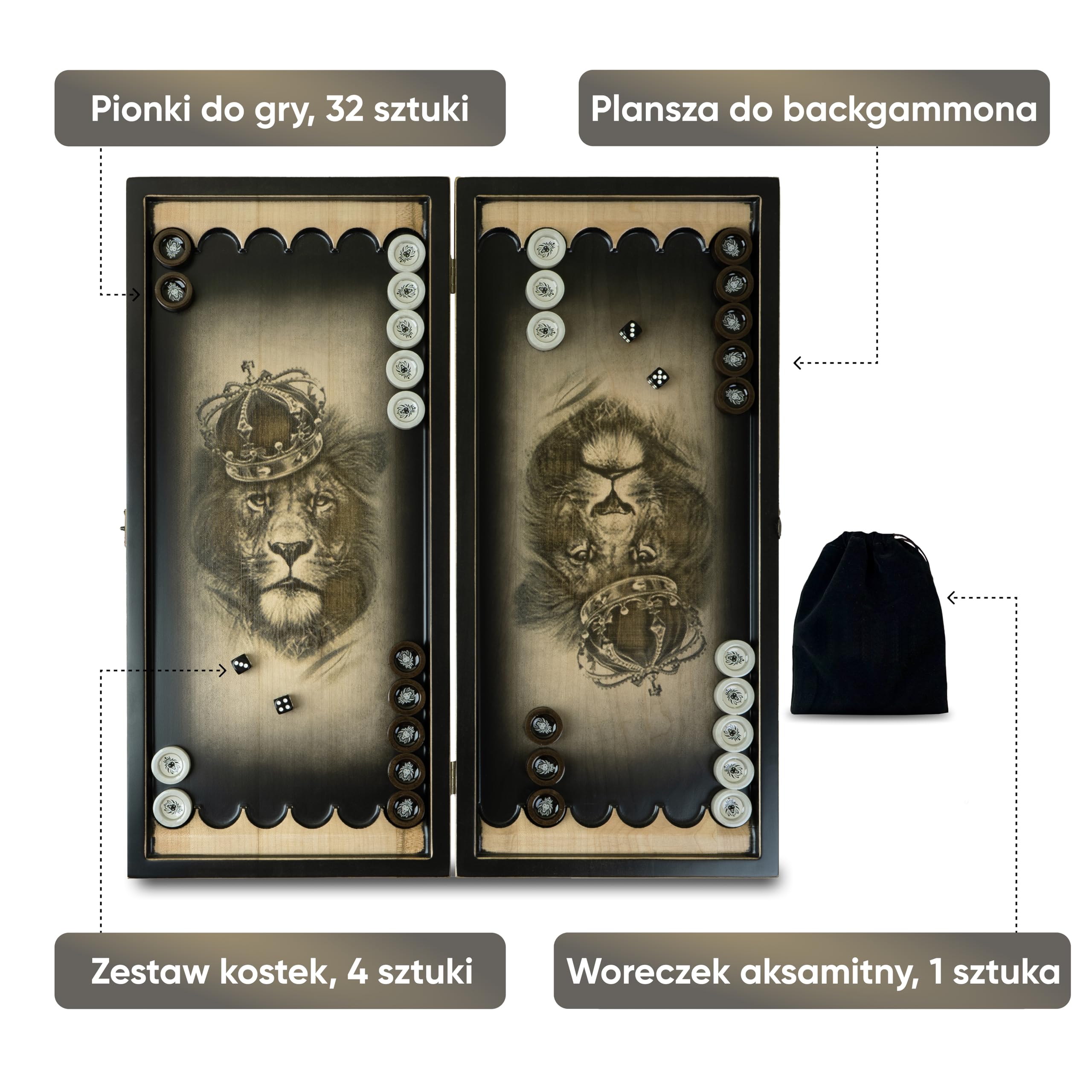 Premium Backgammon drewniany z wzorem lwa i kamieniami do zabawy z żywicy epoksydowej, ręcznie wykonana gra w backgammon, wysokiej jakości walizka z drewna z kamieniami do zabawy