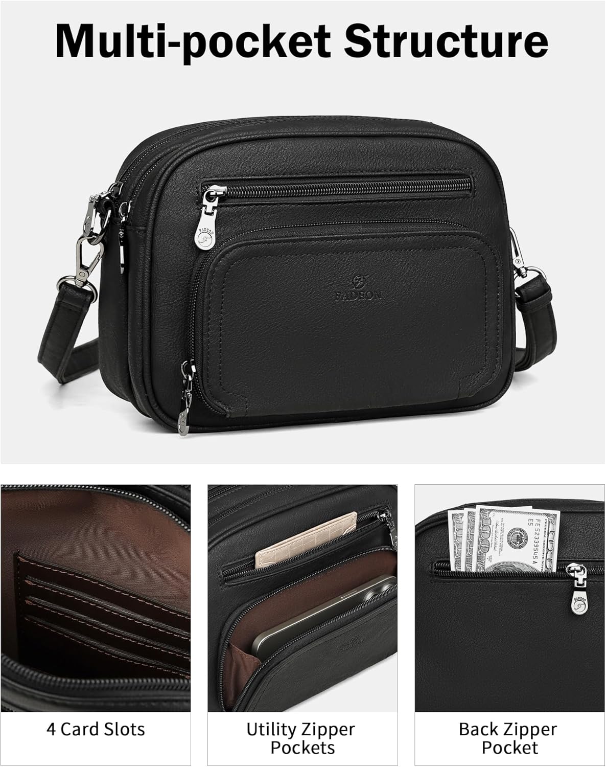 FADEON Crossbody Bags for Women Multi-pocket Leather Crossbody Purses, Designer Shoulder Bag Adjustable Removable Strap (Purse Black 2) - Image 5