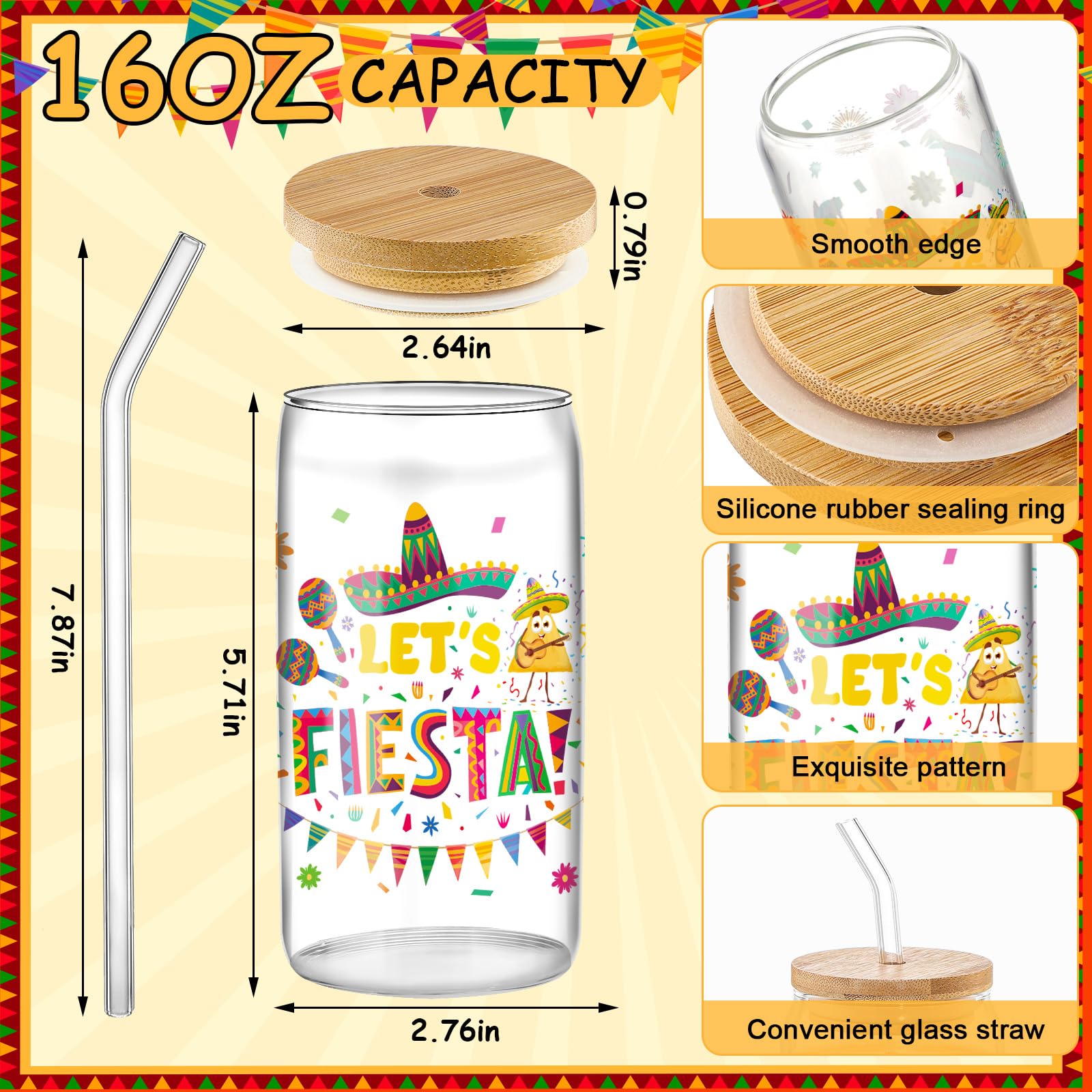 Layhit 6 vasos de cristal mexicanos de 16 onzas con tapa de bambú y pajita, vaso de café para fiesta del Cinco de Mayo, decoración de fiesta, vaso mexicano para taco, suministros de fiesta de