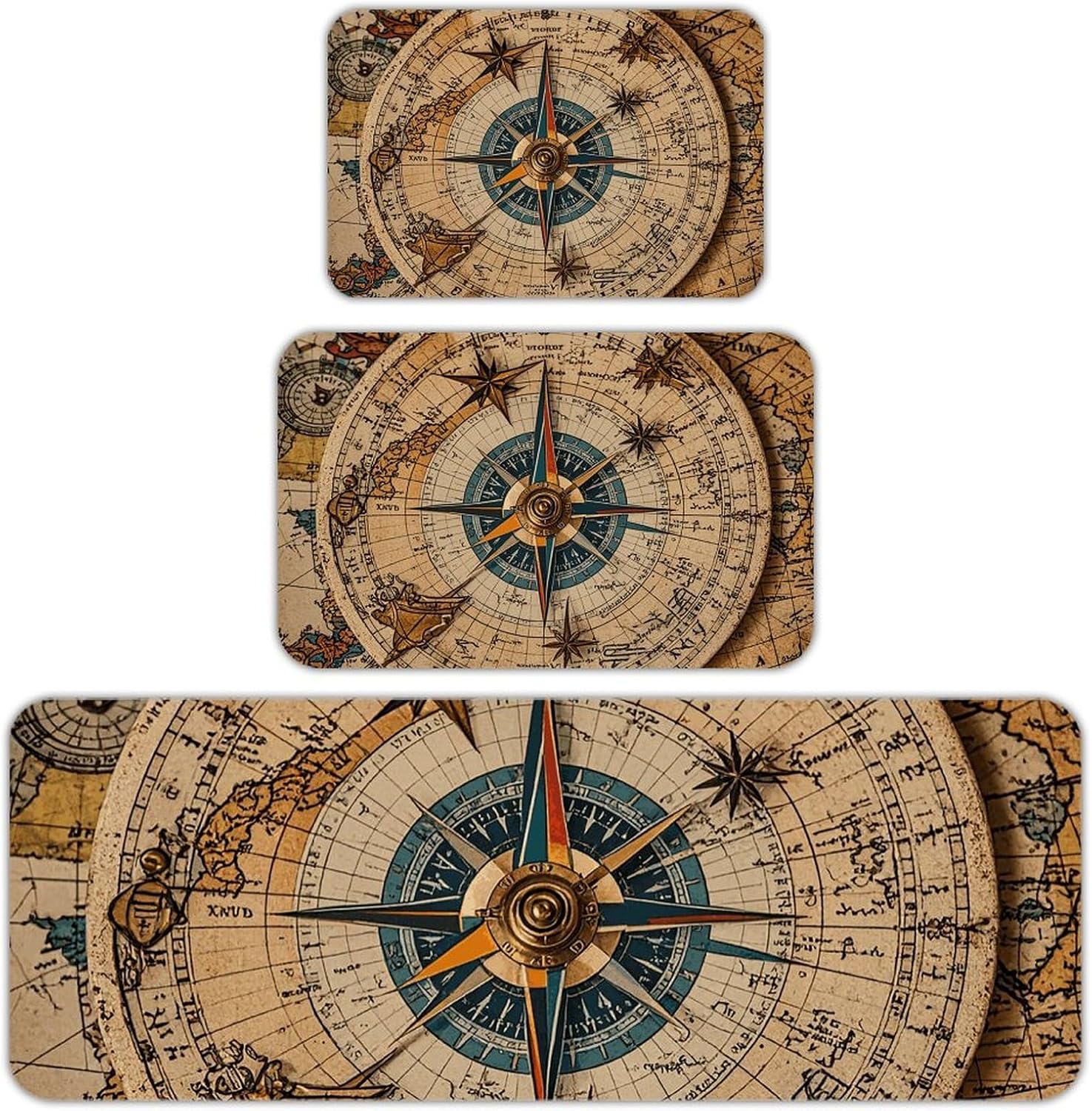 Compass and Old World Map Kitchen Mats for Floor 3 Pcs Kitchen Rugs