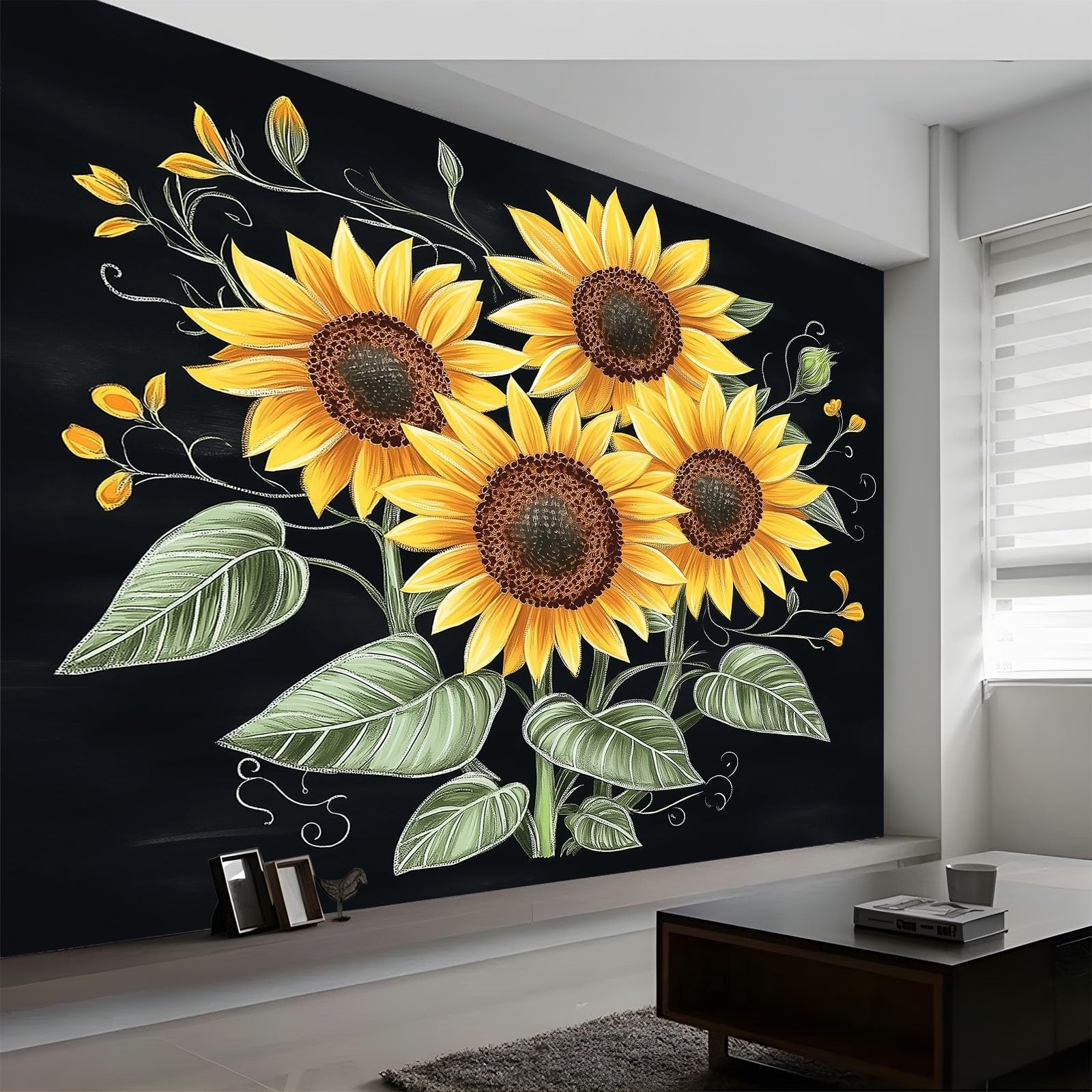 Fototapeta 350 x 256 cm Rośliny Słoneczniki Minimalizm Włóknina Fototapeta 3D | Fototapeta Ścienna Dekoracja Salon Sypialnia, Czarny