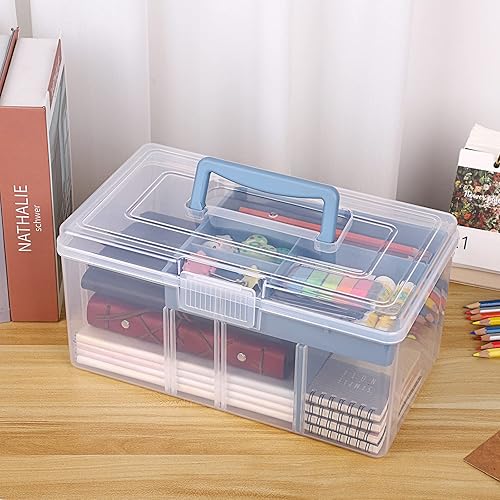 Miniatura 2 de BTSKY Caja de almacenamiento dividida de plástico transparente de 2 capas con bandeja extraíble, caja de almacenamiento multiusos de papelería con