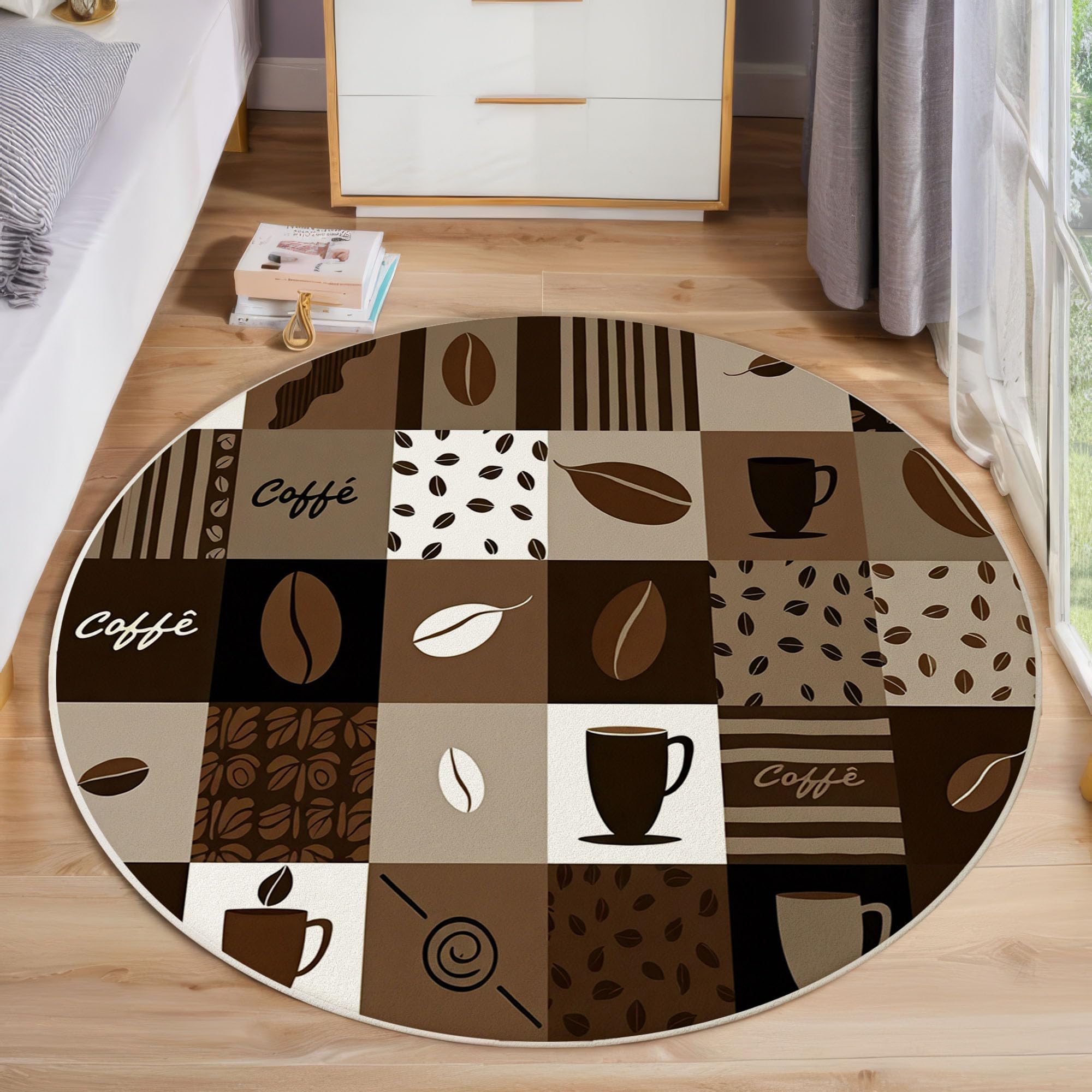 Tapis Rond Thème Café Géométrique pour Salon, 200 Cm, Grand Tapis Patchwork Vintage, Brun Rouille, Lavable Confortable, Antidérapant Doux Facile À Nettoyer pour Chambre À Coucher De Chevet