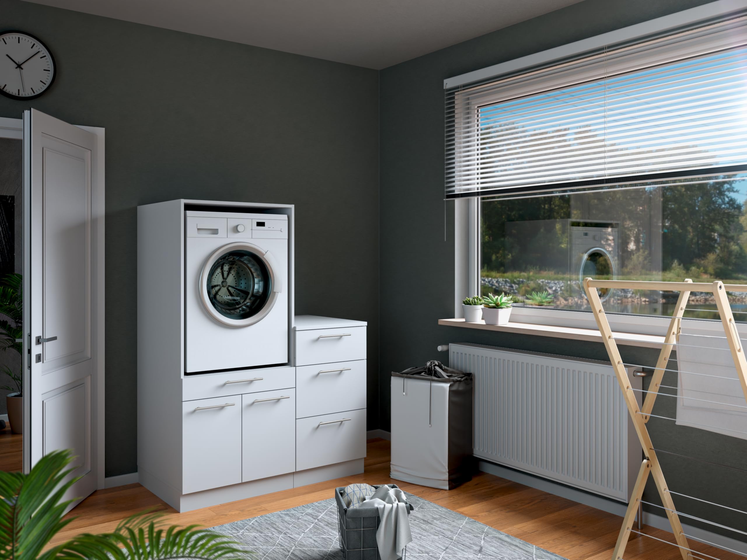 Laundreezy Waschraum Komplett-Set, Weiß - Modulares Schranksystem für Waschküche & Hauswirtschaftsraum - 118 x 162 x 68 cm (B/H/T)