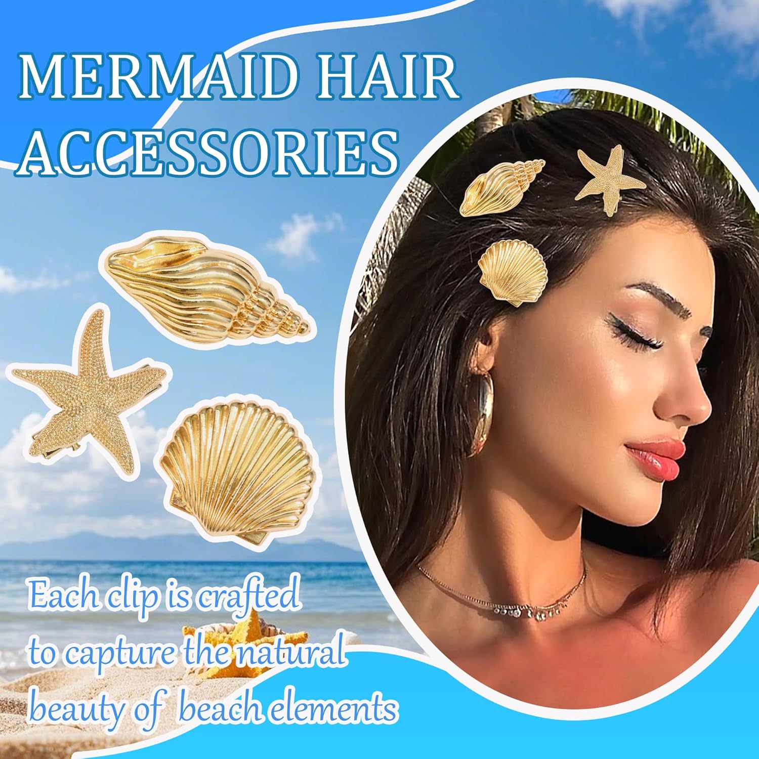 Gold Starfish Hair Clip Mermaid Seashell Barrettes Metal Conch Beach Party Alligator Clips Wedding Sea Star Headpiece Summer Hair Accessories for Women and Girls (Pack of 3) - Image 3