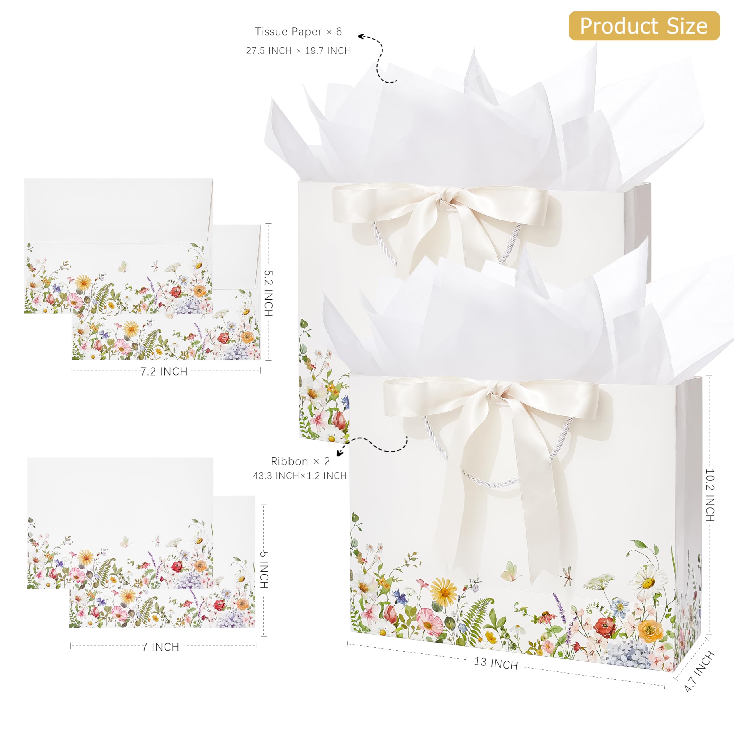 Crisky 2 Pack Wildflower Gift Bag with Tissue Paper and Cards for Wedding, Bridal Shower, Engagement, Bachelorette, Birthday, Tea Party