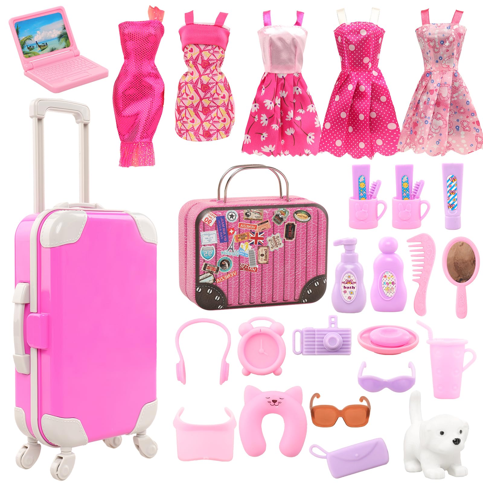 BARWA 32 Pcs Doll Suitcase Luggage Travel Clothes and Accessories for 11.5 inch Girl Doll Travel Carrier Storage, Including 1 Luggage 1 Suitcase 23 Travel toiletries 5 Dresses 1 Puppy 1 Computer…