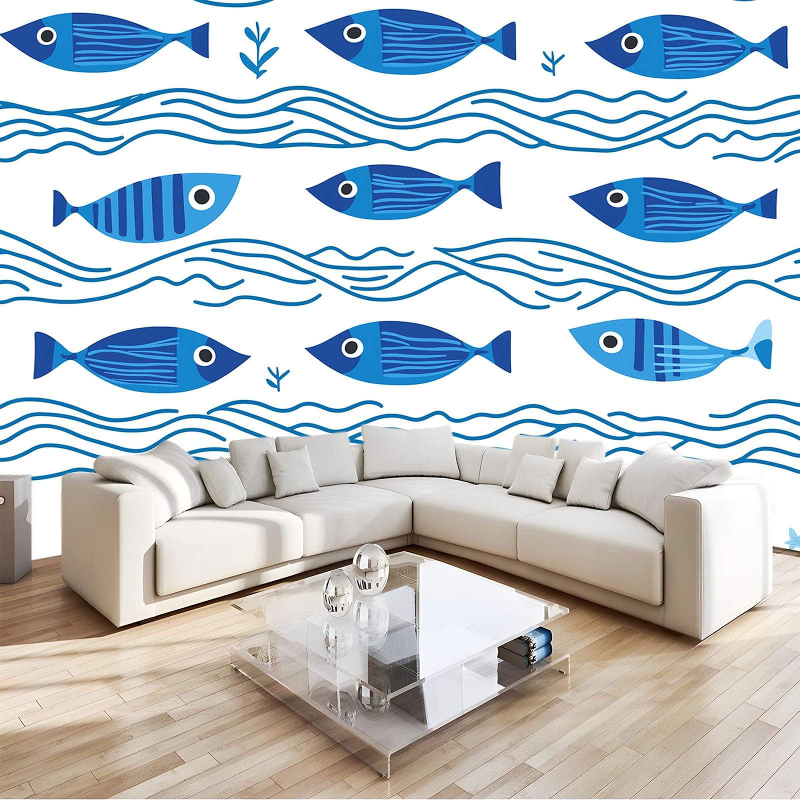 Carta da parati Tema Dell'Oceano Pesci Disegnati A Mano Fotomurali Murale alla moda Decorazione da Muro Poster 300x210 cm Gigante Design Carta per pareti Ornamento