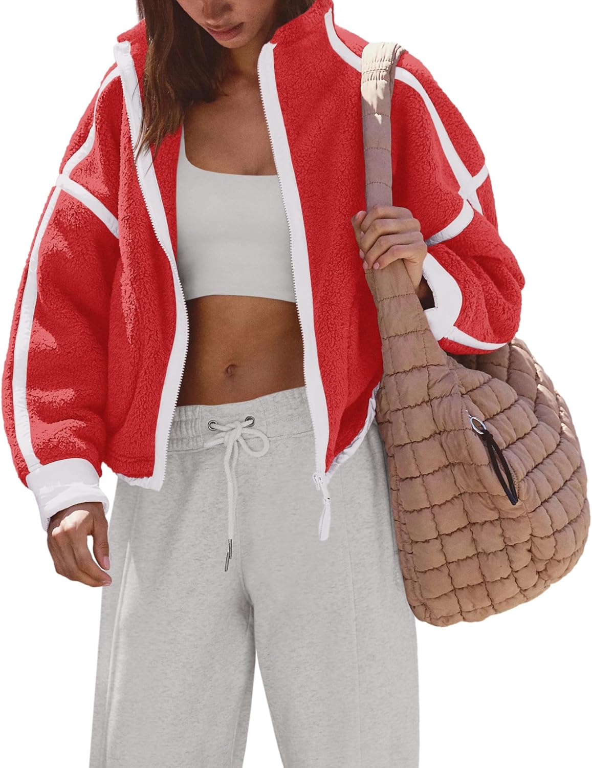 ReachMe Womens Fleece Jacket Zip Up Sherpa Jackets Striped Sweatshirt 2025 Winter Coats Warm Fuzzy Pullover - Image 2