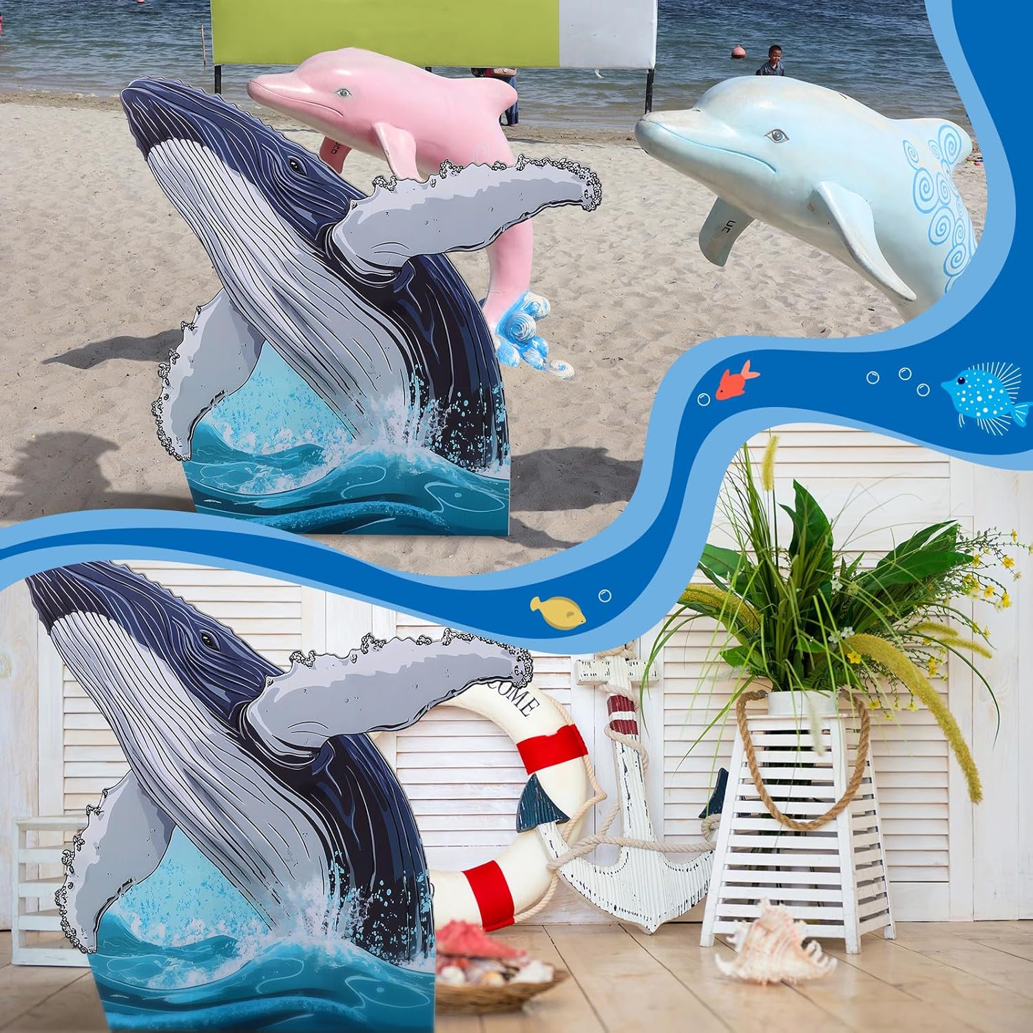 3.3 ft Large North Vbs Whale Cardboard Cutout Stand up Religious Jonah & The Whale Photo Prop Stand up 3D Ocean Theme Party Decoration Standup Cutout for Ocean Decor Vbs Sunday School Supplies