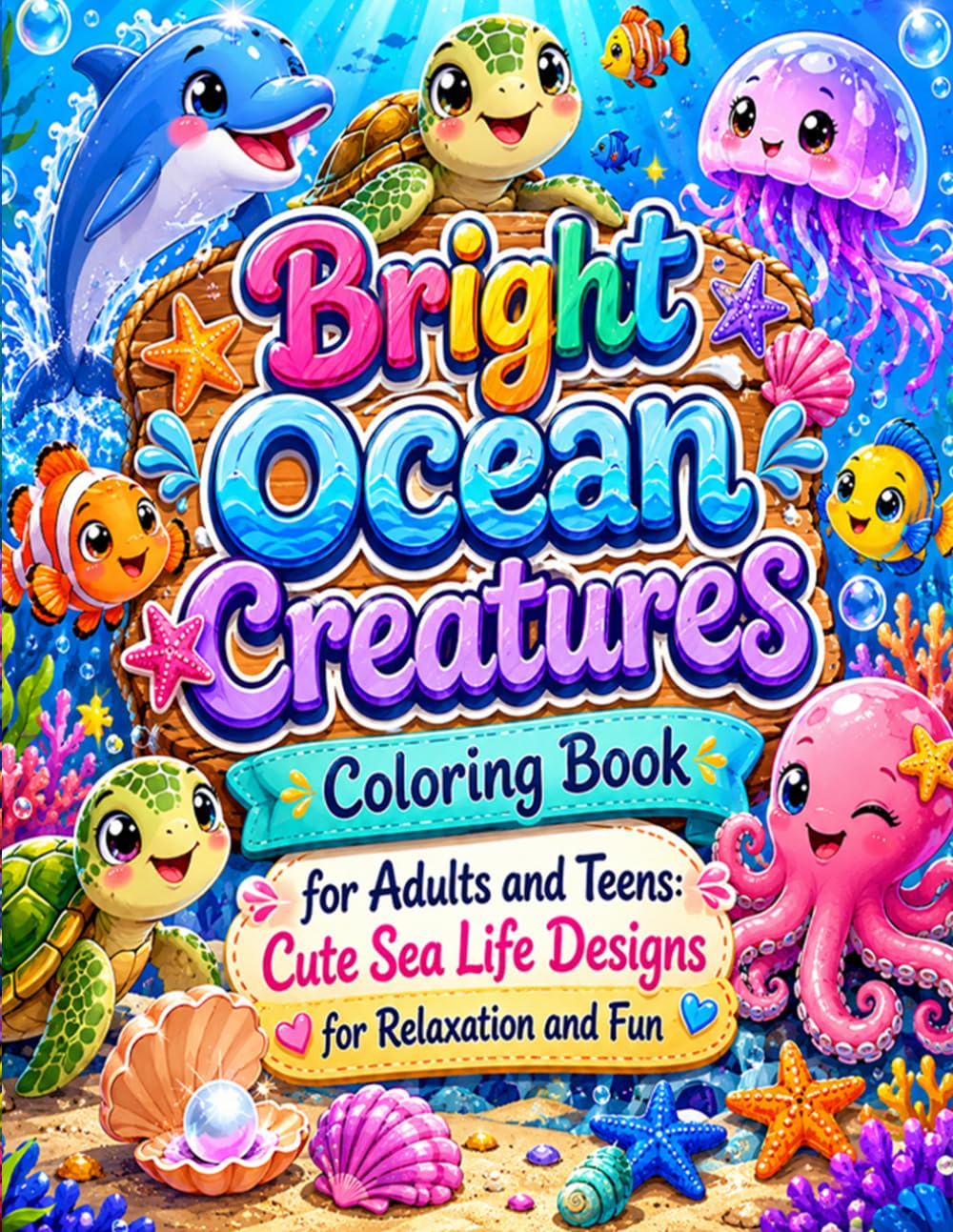 Bright Ocean Creatures Coloring Book for Adults and Teens: Cute Sea Life Designs for Relaxation and Fun