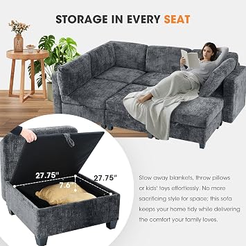 128 Modular Sectional Sofa 6 Seat Oversized Sectional Sofa Sleeper Modular with Chaise and Ottoman Living Room Set, U, L Shaped Couch Bed with Storage Cloud Couch Grey Textured