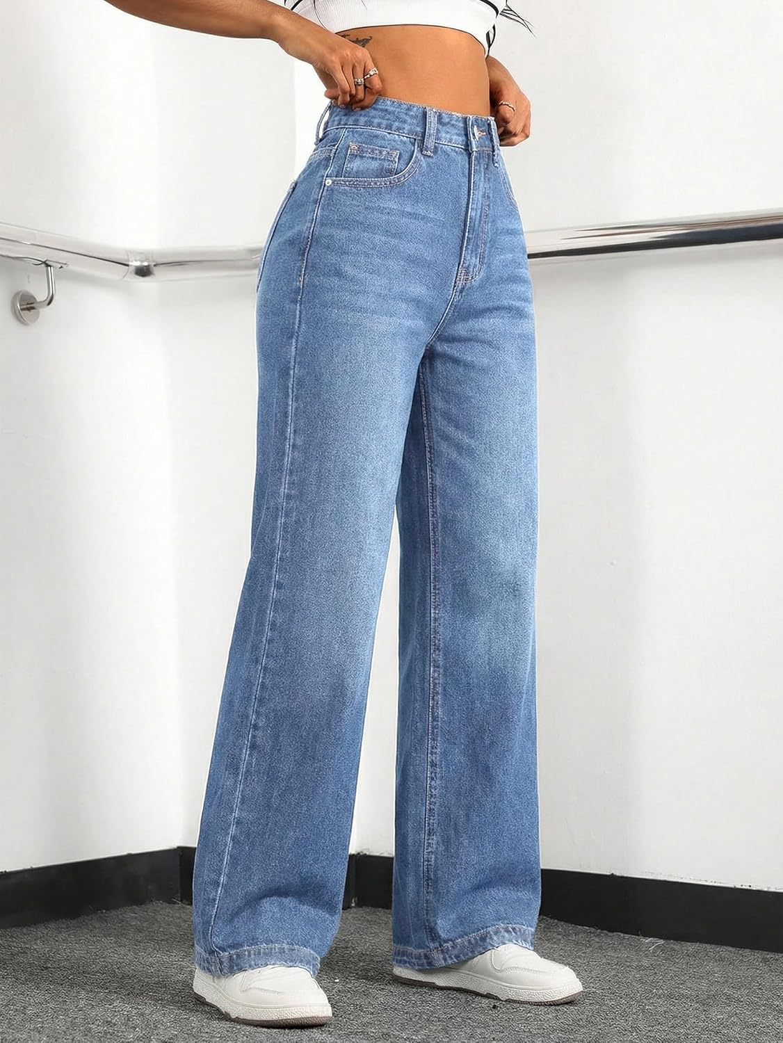 EMMIOL Women's Wide Leg Baggy Jeans Low Rise Stretchy Denim Pants Elastic Back Patchwork 90s Boyfriend Casual Jeans