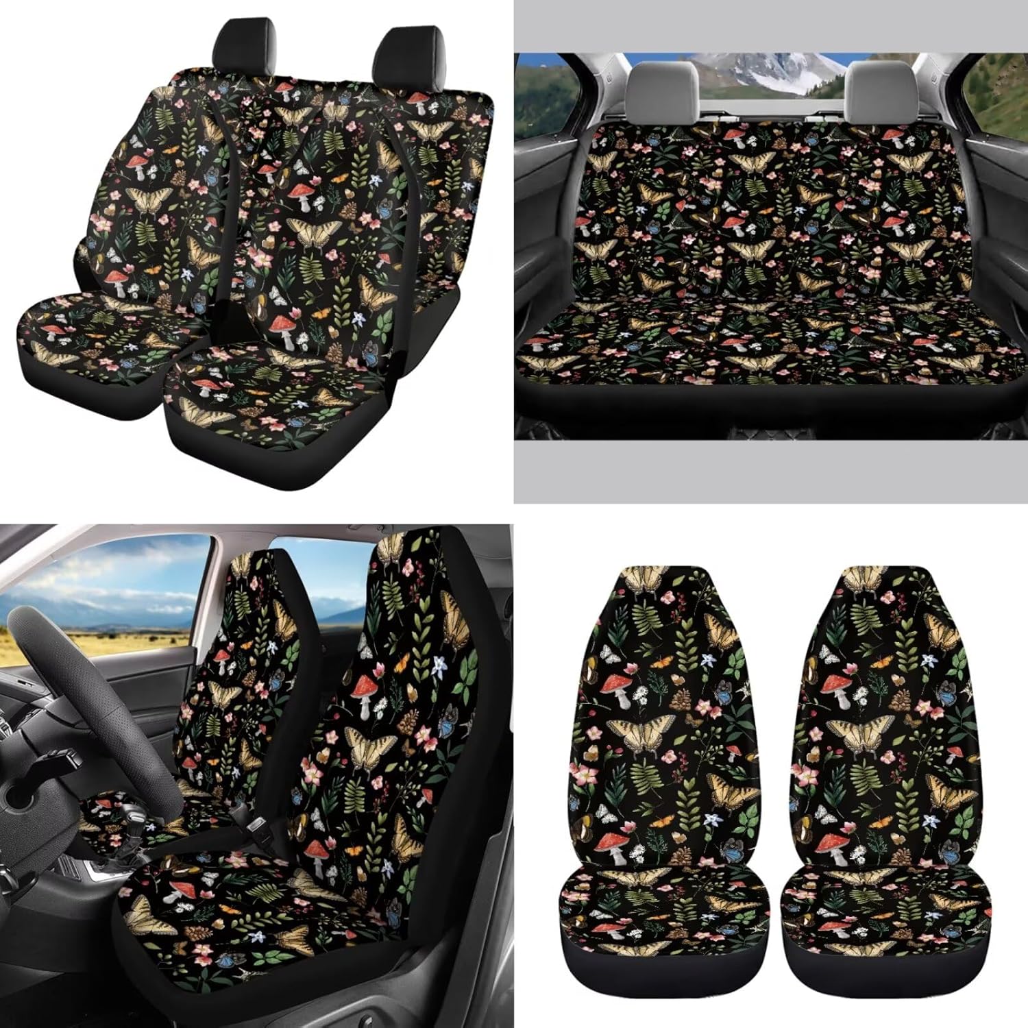 Car Seat Covers Set of 7,Front and Rear Bench Seat Covers Car Center Console Cushion Pad Car Steering Wheel Protector Shoulder Seatbelt Pads Cover,Decor Car Accessories Butterfly Design