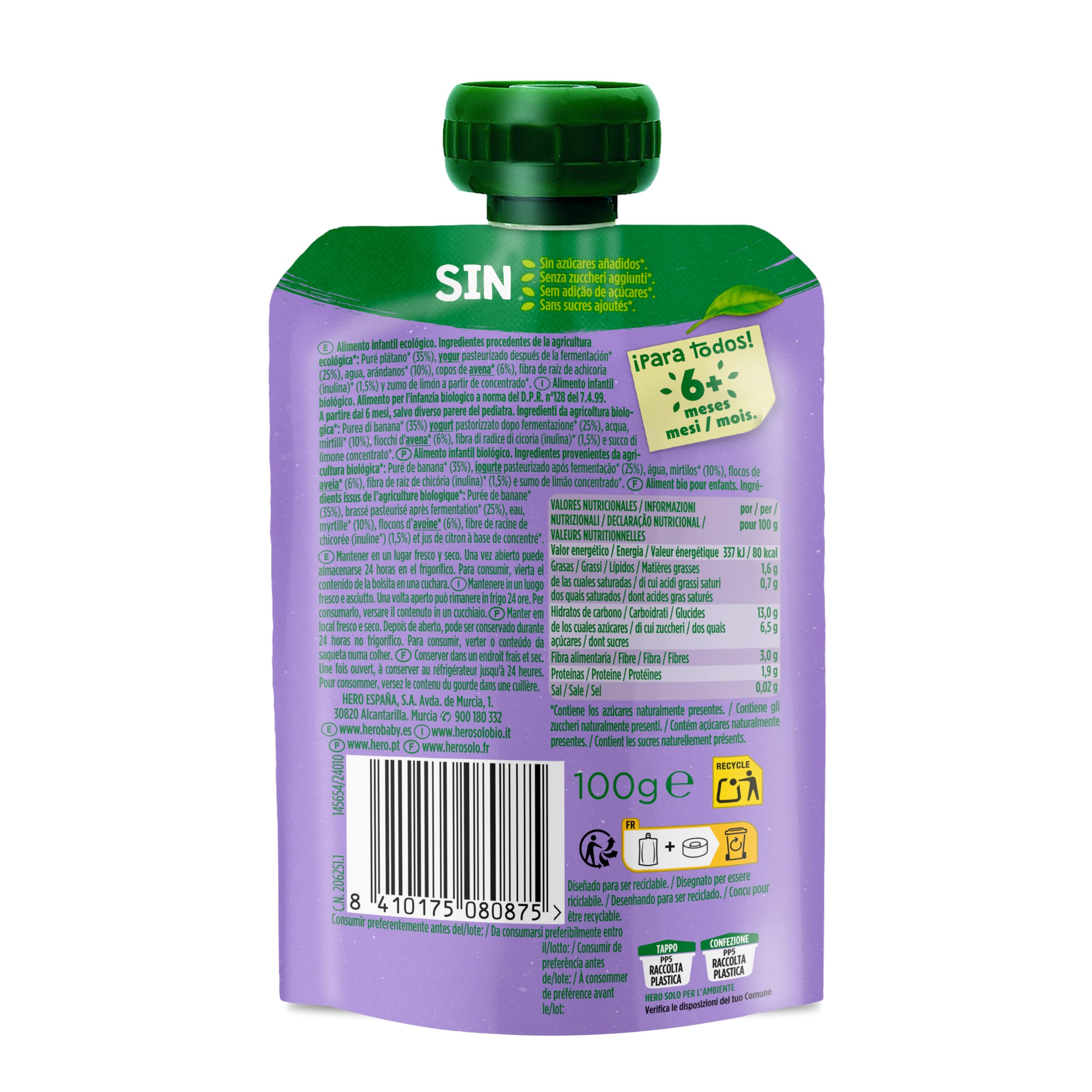 Hero Solo Bolsitas Ecológicas de Plátano Arándanos Yogur Avena Fibra Sin Conservantes Aditivos Aceite Palma Azúcares Añadidos 6 Meses Pack 18 x 100 g
