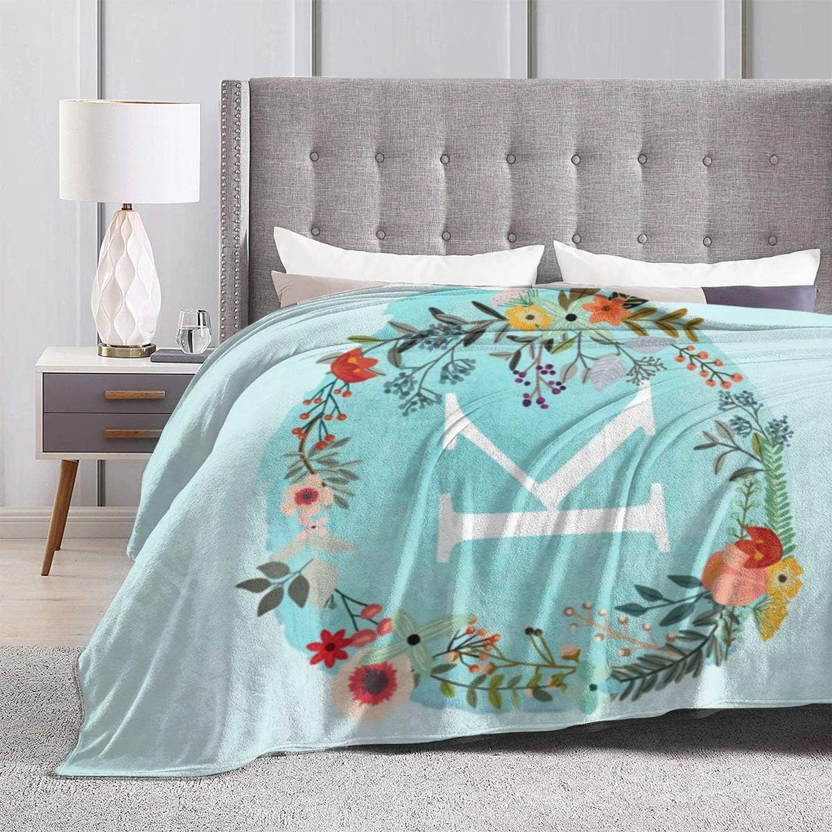 Flannel Fleece Trendy Throw Blanket, Monogram Initial Letter K Blue Watercolor Flower Wreath Throw for Better Sleep Recliner Wedding Gift, Air conditioning blanket and Quality Hypoallergenic 60" x 50"