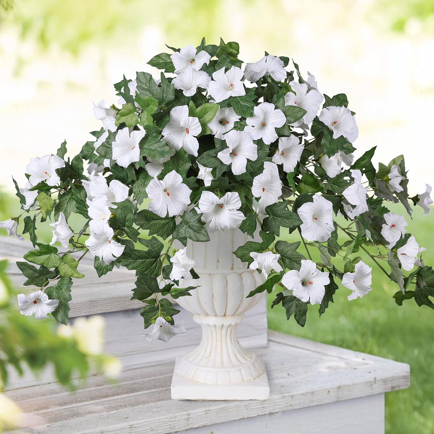 HyeFlora Artificial Flowers for Outdoors 2PCS Faux Petunias Silk Fake Flowers for Outside Planter UV Resistant Realistic Home Garden Porch Decor (White)