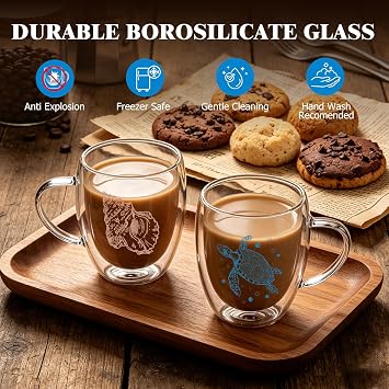 Top-spring Set of 4 Double-Walled Glass Coffee Cups with Sea Motif 350 ml Latte Macchiato Glasses with Handle Insulated Glass Cups for Coffee Tea Cappuccino & Espresso