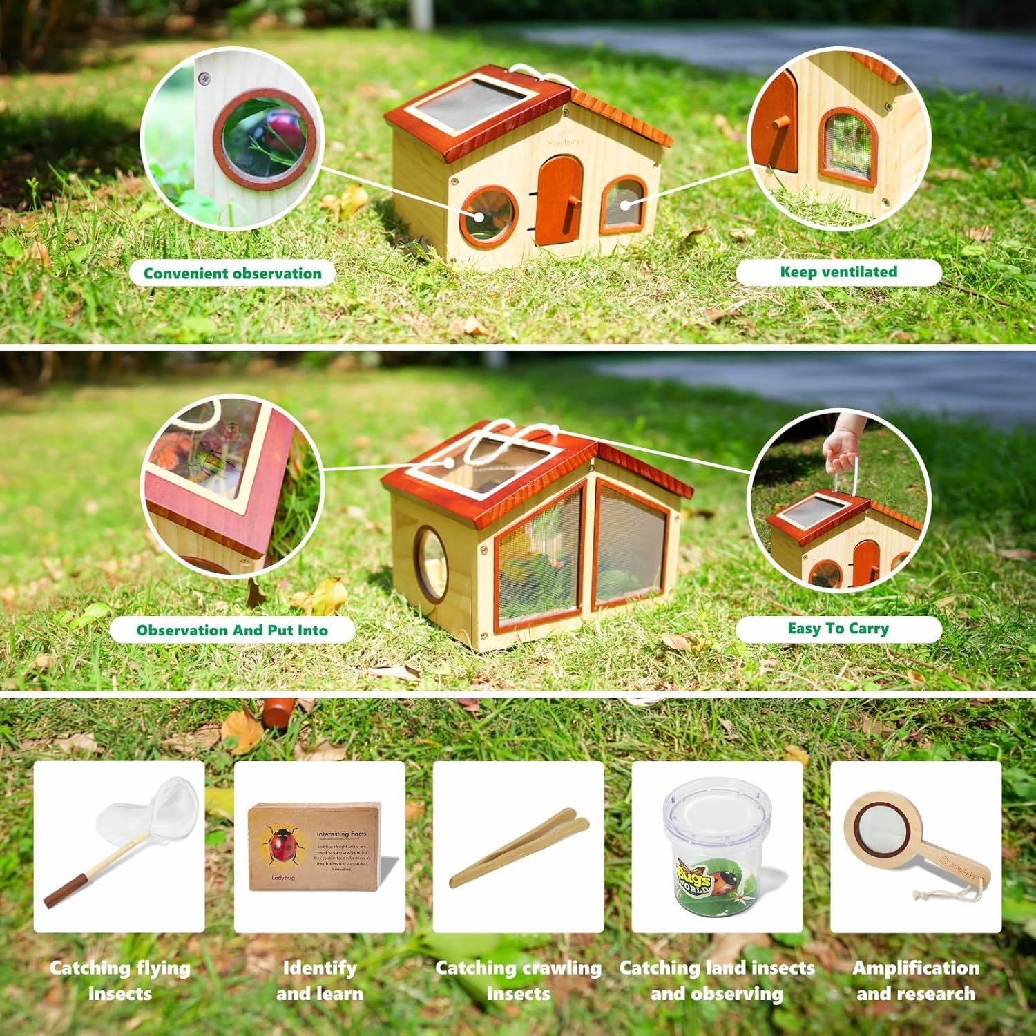 SimpliPlay Kids Explorer Kit & Bug Catcher for Kids, Outdoor Toys with Large Portable Wooden Bug Habitat, Butterfly Net, Magnifier, Observation Cup, 15 Insect Cards for Toddler 3-8 Year Old Boy Gift
